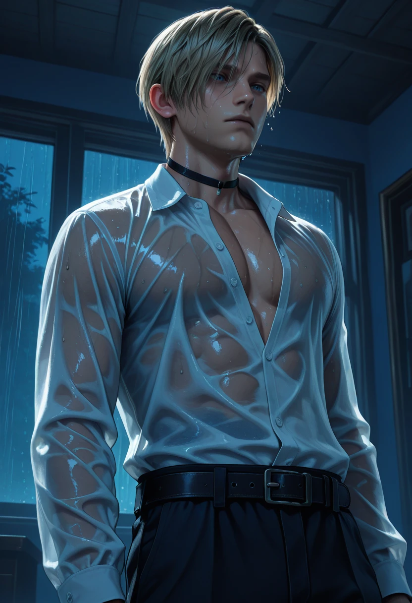 masterpiece, very aesthetic, best quality, absurdres, newest,
<lora:ILRE4Leon:1.0>
RE4Leon, 1boy, solo, blonde hair, short hair, blue eyes, male focus, wet clothes, black pants, wet shirt, wet hair, black choker, from below, indoors, open shirt, open clothes, black belt, looking down, white shirt, collared shirt, water drop, dripping, see-through, rain, long sleeves, toned male, night, pectoral cleavage, window, shirt tucked in, cowboy shot, belt buckle, dress shirt, blue theme, ceiling, muscular, upper body, standing