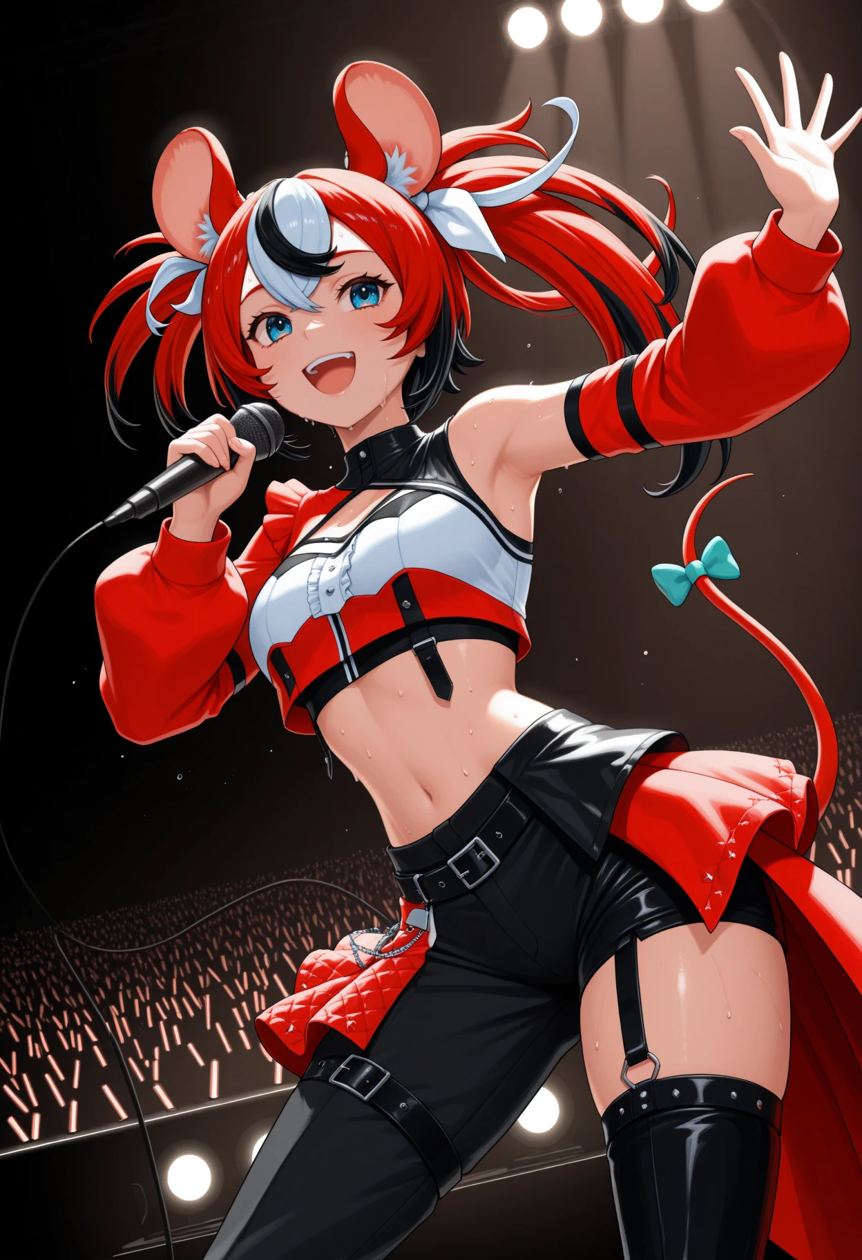 masterpiece, best quality, 1girl, solo, B4elz6thFes, blue eyes, multicolored hair, red hair, white hair, black hair, uneven twintails, animal ears, hair ribbon, white ribbon, multicolored crop top, red crop top, white crop top, black crop top, midriff, single bare shoulder, long sleeves, black belt, red overskirt, black pants, single pantsleg, garter strap, thigh belt, tail, tail ornament, stage lights, on stage, audience, smile, sweat, open mouth, holding microphone, dancing, performing, happy, <lora:ChamHakosBaelzNoob:1>