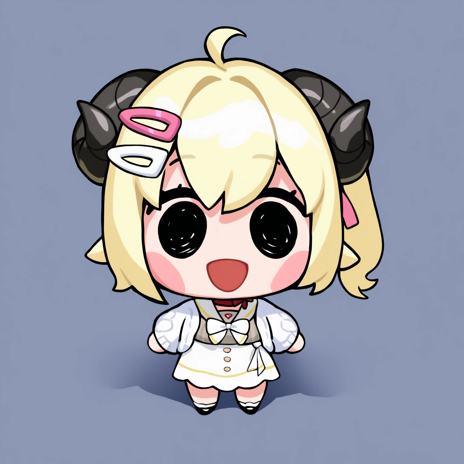 masterpiece, best quality, newest, chibi, full body, blush stickers, black eyes, solo, 1girl, WtmCasual, :d, standing, horns, blonde hair, ahoge, side ponytail, short hair, two-tone hairclip, yellow hairclip, pink hairclip, vertical-striped dress, grey dress, white skirt, high-waist skirt, white sailor collar, red choker, white bow, white cardigan, simple background
<segment:yolo-Anzhc Face seg 640 v3 y11n.pt,0.4,0.6//cid=11>