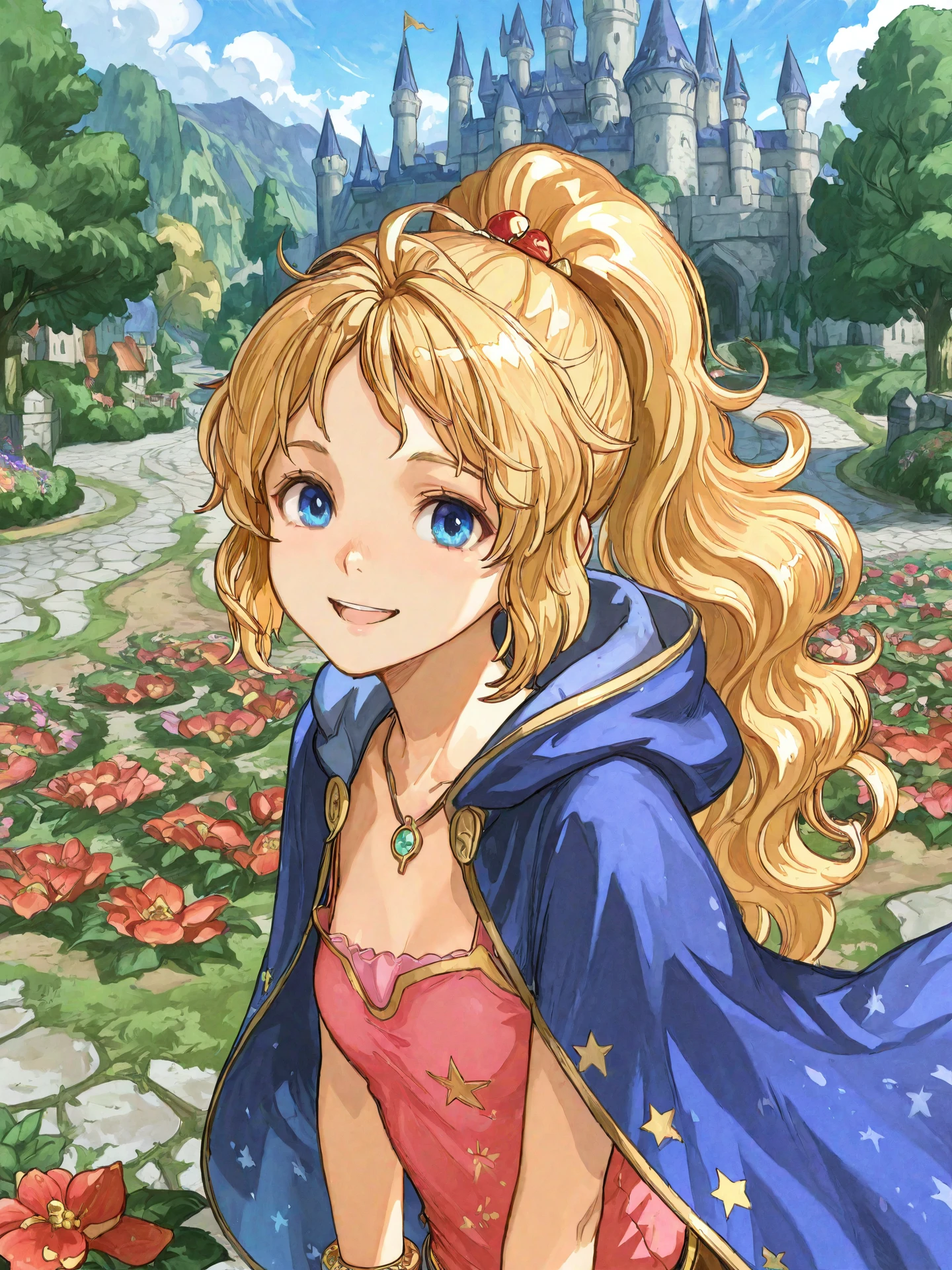 <lora:Kururu_Maia_Baldesion_0R:0.7>, kururuffv, <lora:CC_Aesthetic_Masterpiece_1:1>
<lora:ST_Hidari_Atelier_0R:0.9>, hirdariatelier
kururuffv, blonde hair, long hair, wavy hair, ponytail, blue eyes, hair ornament, jewelry, pendant, small breasts
pink tank top, star print, hood down, blue cloak, bracelet
masterpiece, best quality, amazing quality, very aesthetic, absurdres, highres, detailed background, anime style
1girl, (detailed eyes:1.2), (detailed face:1.2), detailed skin
facing viewer, looking at viewer, dynamic pose, smile, (open mouth:0.6), close-up
(outdoors, fantasy, town, castle, tree, bush, flower bed)