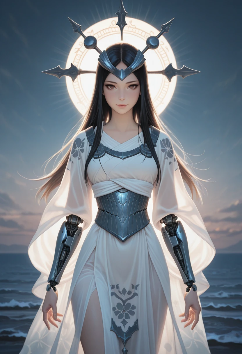 masterpiece, best quality, absurdres, highres, extremely high detail,
<lora:ILSAmaterasu:1.0>
SAmaterasu, 1girl, black hair, long hair, brown eyes, headpiece, looking at viewer, standing quietly by a calm ocean, early morning light, wearing a simple white dress, translucent long hair fluttering slightly, soft and melancholic eyes, ethereal and pure atmosphere, subtle mechanical elements on her skin, minimalistic design, cinematic lighting, soft focus, poetic and emotional mood, Japanese anime style, beautiful detailed face, slight blue and silver tones, feeling of loneliness and hope