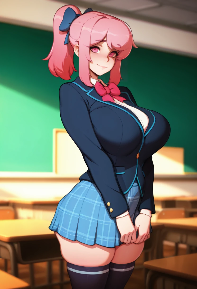 masterpiece, best quality, amazing quality, very aesthetic, absurdres, newest,
<lora:Doxy:1> S4s4k1Nsfw, 1girl, solo,standing,looking at viewer, happy, closed mouth,pink hair, ponytail, pink eyes, large breasts, school uniform, bow, long sleeves, skirt, skindentation, thighhighs, indoors, classroom,