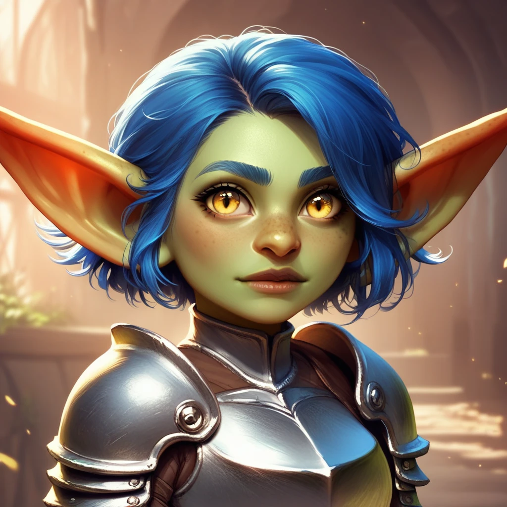 (((detailed, beautiful, high quality))), score_9, score_8_up, score_7_up, upper body, solo, goblin, short stature, shortstack, long pointed ears, big eyes, 1girl, female focus, blue hair, short hair, yellow eyes, green skin, grey armor, looking at the viewer, posing, blurred background, fantasy background