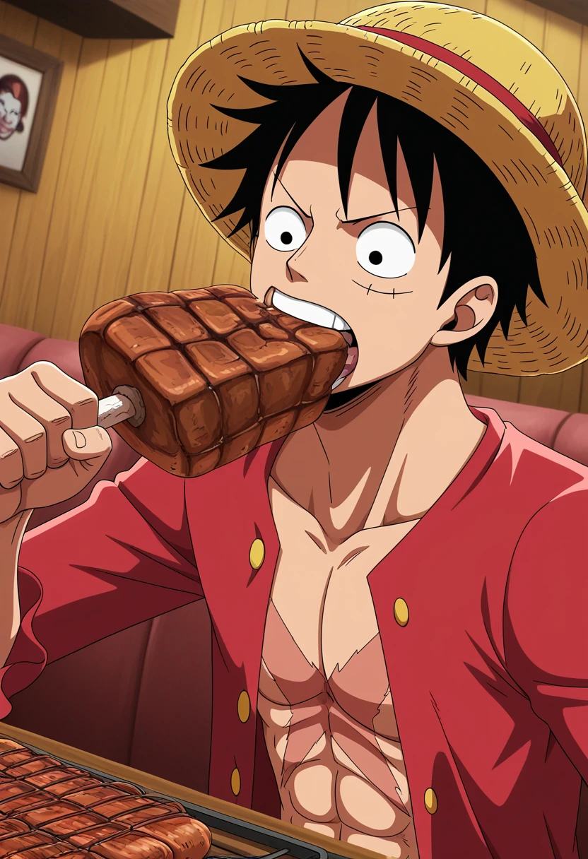 anime coloring, 1boy, monkey d. luffy, one piece, eating grilled meat, red shirt, straw hat, scar on chest, upper body, restaurant interior, dramatic lighting, dynamic angle, absurdres, anime screenshot, depth