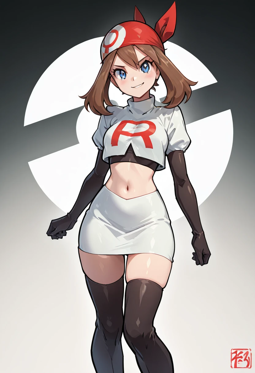 masterpiece, best quality, 1girl, solo, eyelashes, (beautiful eyes), smile, looking at viewer, zzMayRocket, blue eyes, red bandana, cropped jacket, short sleeves, confident smirk, futuristic headquarters, glowing red logo behind her, black gloves, thigh boots, white skirt fluttering. Standing tall beneath the Rocket insignia, zzMayRocket commands attention, her sharp gaze and commanding presence setting the tone for the mission ahead. <lora:MayTeamRocketPokemon_IXL:1.0>,