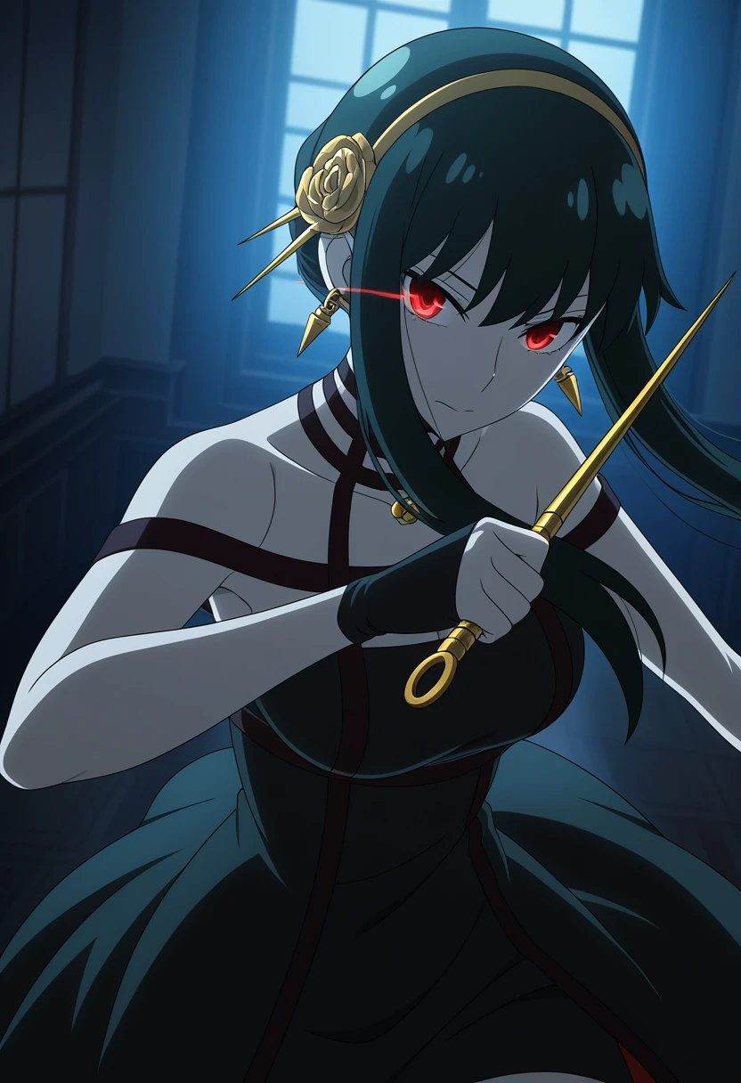anime coloring, 1girl, yor briar, spy x family, upper body, black dress, action pose, holding knife, eye trail, mansion interior, dark, moonlight, dramatic lighting, dynamic angle, absurdres, anime screenshot, depth