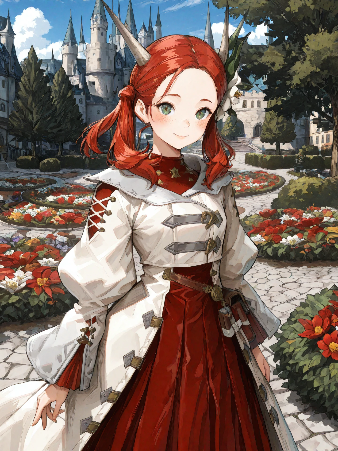 <lora:Raya-O-Senna_0R:0.7>, rayaosenna, <lora:CC_Aesthetic_Masterpiece_1:1>
<lora:ST_Yahiro_Pochi_0R:0.9>, yahiropochi
green eyes, red hair, twintails, horns, hair flower, freckles
white dress, long coat, red skirt
masterpiece, best quality, amazing quality, very aesthetic, absurdres, highres, detailed background, anime style
1girl, (detailed eyes:1.2), (detailed face:1.2), detailed skin
facing viewer, looking at viewer, dynamic pose, blush, smile
(outdoors, fantasy, town, castle, tree, bush, flower bed)
