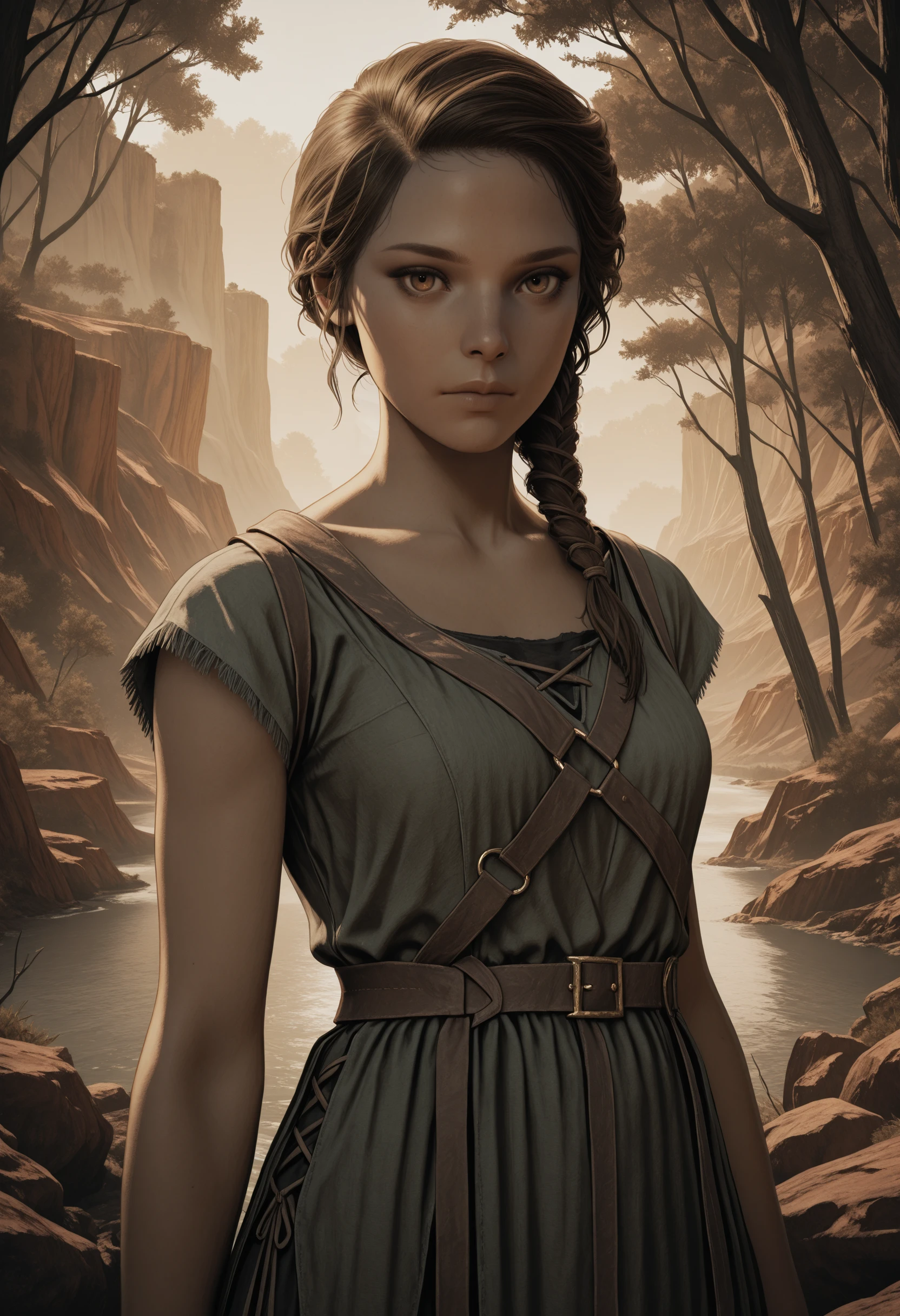 masterpiece, best quality, absurdres, highres, extremely high detail,
<lora:ILACKassandra:1.0>
ACKassandra, 1girl, brown hair, brown eyes, braid, hair over shoulder, looking at viewer, muted color palette, deep greens, standing in misty forest clearing, close up, canyon background, river