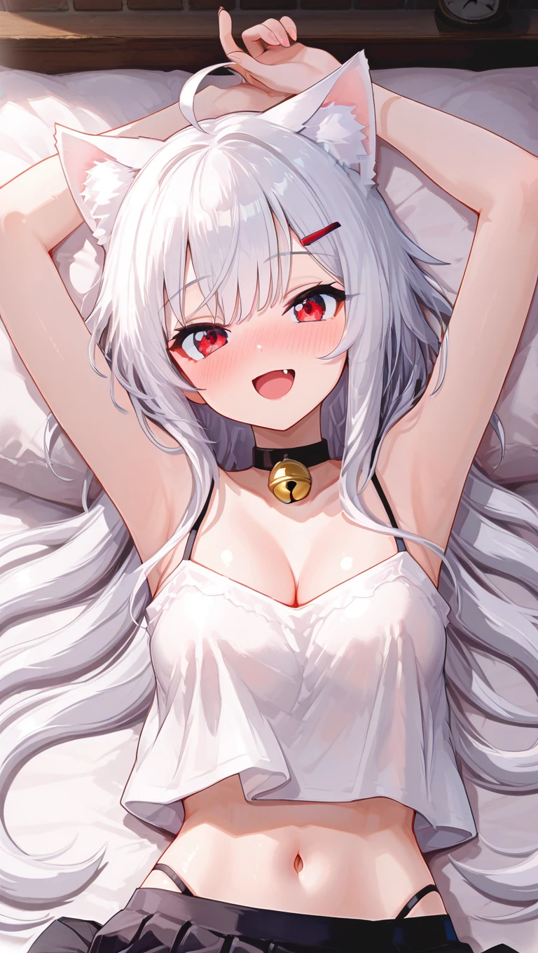 An adult woman half fox and wolf, wide breasts, red eyes, white hair, lying on the bed, in underwear