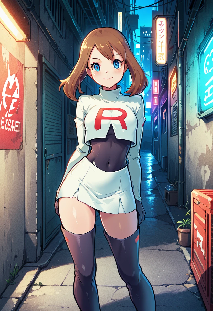 masterpiece, best quality, 1girl, solo, eyelashes, (beautiful eyes), smile, looking at viewer, zzMayRocket, cropped jacket flowing, mid-run pose, cyberpunk alley, glowing street signs, thigh boots, white skirt, wind-swept hair, blue eyes focused. Dashing through neon-lit backstreets, zzMayRocket vaults over crates, her jacket flaring behind her as she makes a clean escape. <lora:MayTeamRocketPokemon_IXL:1.0>,