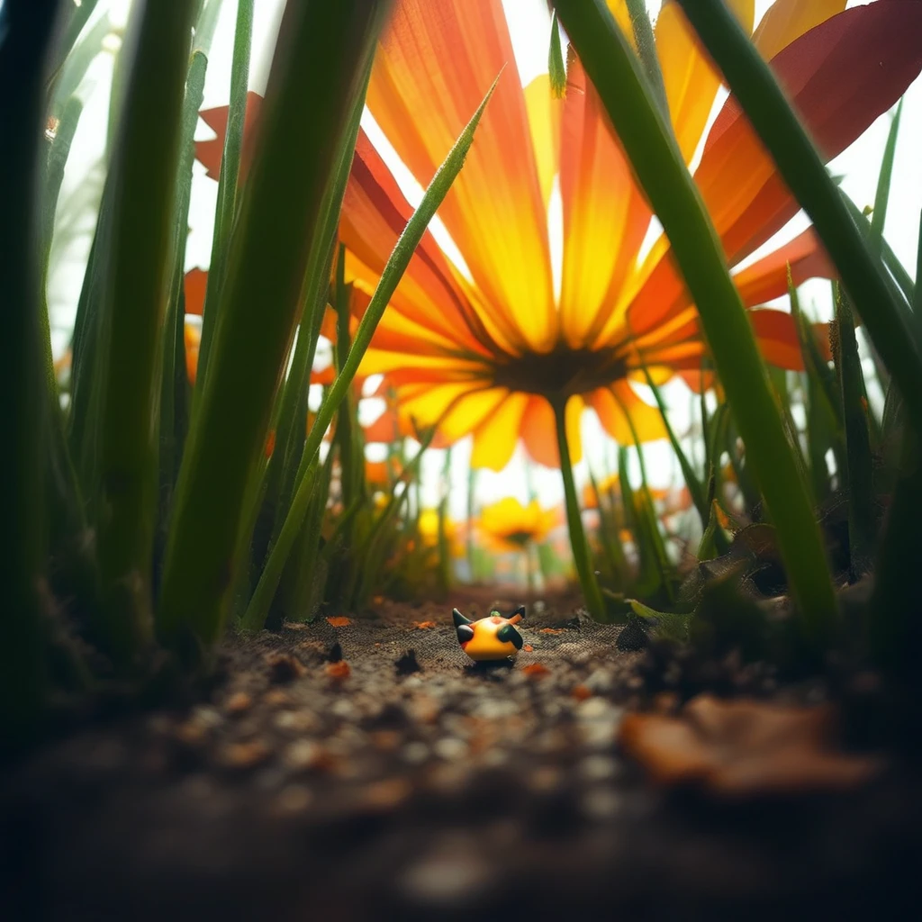 mgtinywrld_grs, flower field, autumn leaves, light rays, forest, path, MgtinyWrld_fld, pokemon (creature), rock, orange flower, field, bamboo, depth of field, plant, still life, MgtinyWrld_mshrm, sunflower