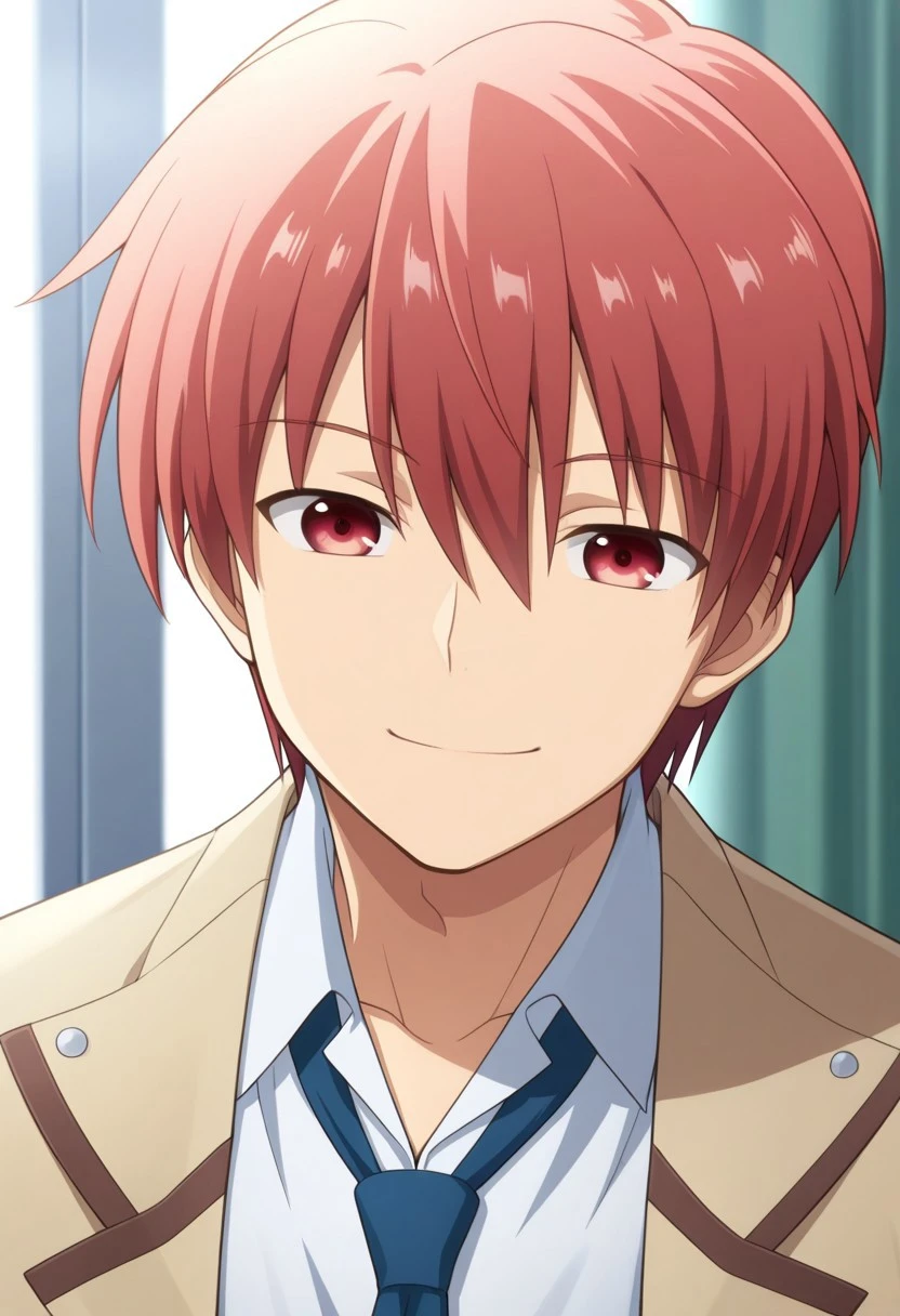 masterpiece,best quality,amazing quality, source_anime,
YuzuruOtonashi, 1boy, male focus, solo, red eyes, red hair, shinda sekai sensen uniform, shirt, white shirt, collared shirt, necktie, blue necktie, jacket, brown jacket, open jacket, smile, portrait,