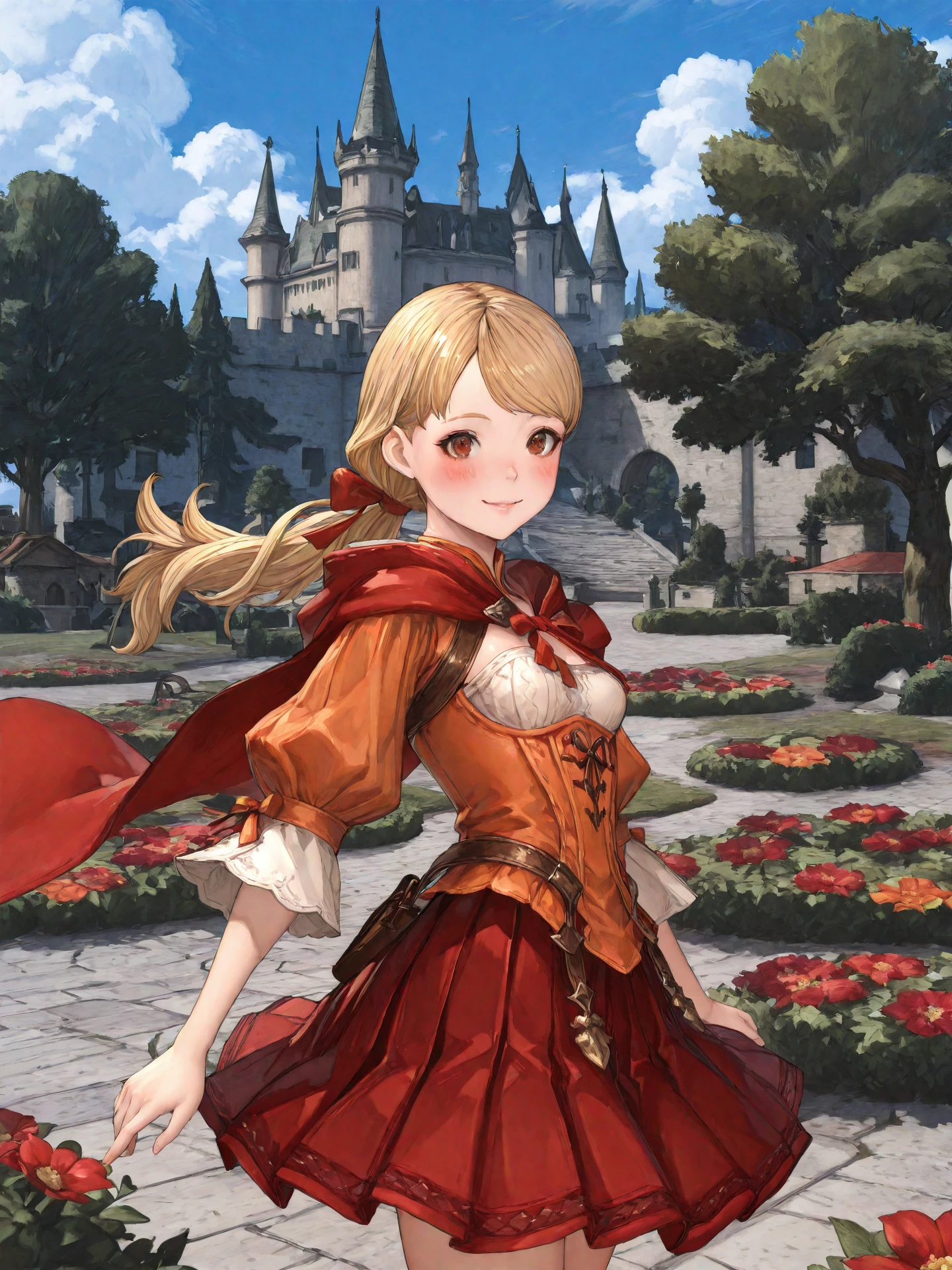<lora:Alma_Beoulve_FFXIV_0R:0.5>, alma_ffxiv, <lora:CC_Aesthetic_Masterpiece_1:1>
<lora:ST_Asahina_Makoto_0R:0.9>, asahinamakoto
brown eyes, blonde hair, long hair, low ponytail, swept bangs, hair ribbon, red ribbon, small breasts
orange dress, red cape, long sleeves, red skirt
masterpiece, best quality, amazing quality, very aesthetic, absurdres, highres, detailed background, anime style
1girl, (detailed eyes:1.2), (detailed face:1.2), detailed skin
facing viewer, looking at viewer, dynamic pose, blush, smile
(outdoors, fantasy, town, castle, tree, bush, flower bed)