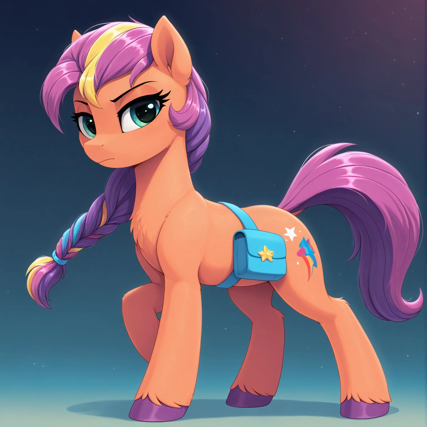 resolution, masterpiece, high resolution, (SOLO: 1.2), wild, detailed background,
,,solo plain background, , solo,, FIGHTING STANCE, , LOOK AT THE VIEWER, ABSTRACT BACKGROUND,
, <lora:Sunny starscout:1>Sunny Starscout,pony, earth pony, green eyes, body peach skin tone, pony wears a blue shoulder bag, mane and tail are purple, with bright rainbow stripes on the top of the mane and in the tail, The tail is braided, purple hooves