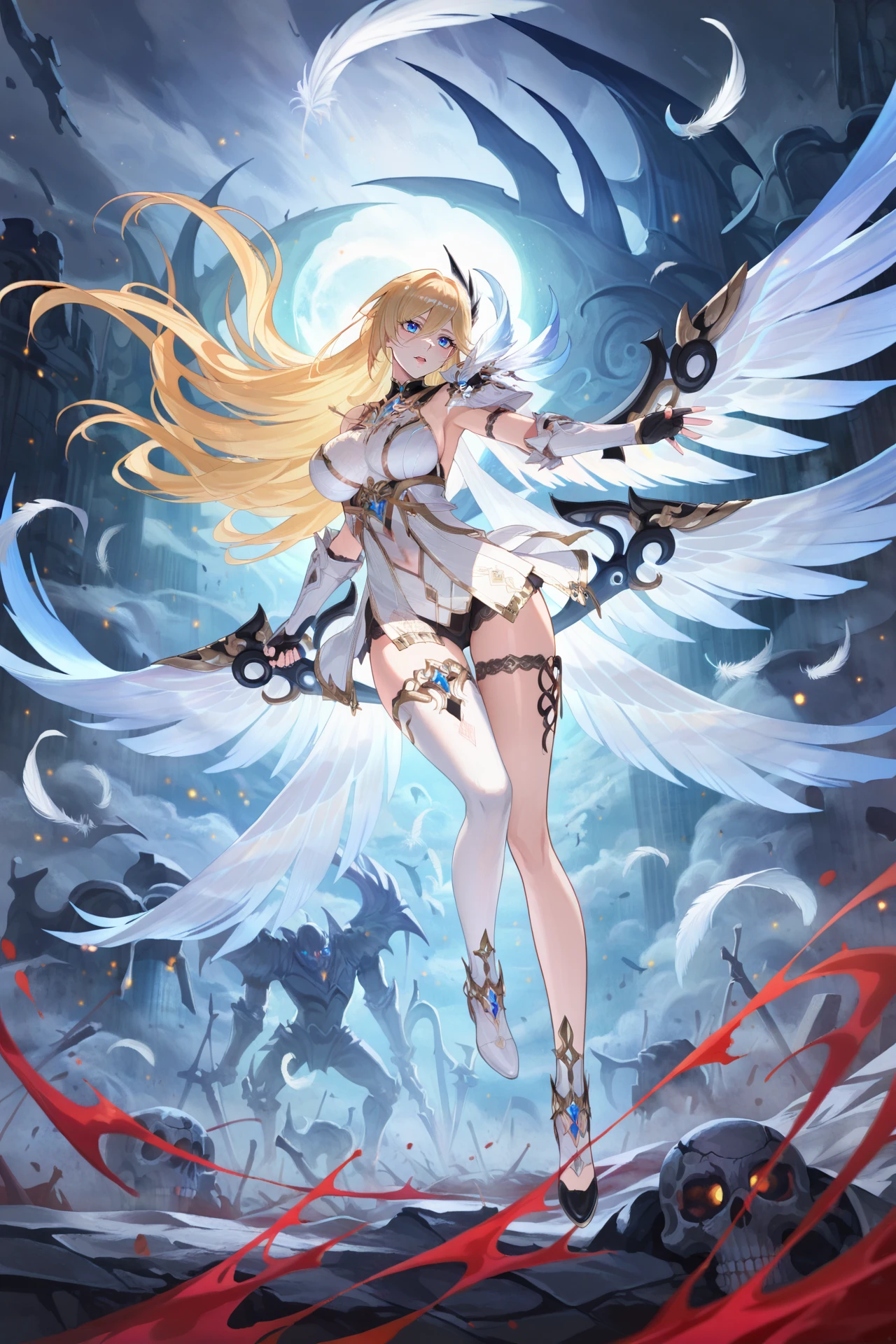 <lora:jijia-gnoobv-Tanger-000014:0.7>,
Dynamic illustration,full body,swordsman with white hair,wielding a katana up with dripping blood,double wings,giant wings,feathers falling,battlefield,pile skulls,dark fantasy,dramatic lighting,highly detailed armor,art by Yoshitaka Amano and Ayami Kojima,intricate details,masterpiece,best quality,absurdres,very aesthetic,very awa,newest,748cmstyle,usnr,gbf_style,usnr,<lora:add-detail-xl:0.8>,
<lora:Durandal-PalatinusEquinox-noob-Tanger:0.75>,
Durandal \(Palatinus Equinox\), clothes: white style clothes, white style single thighhigh, white style Durandal, white Feather decoration on the left shoulder, 1girl, long hair, blonde hair, blue eyes,black fingerless gloves,cape,