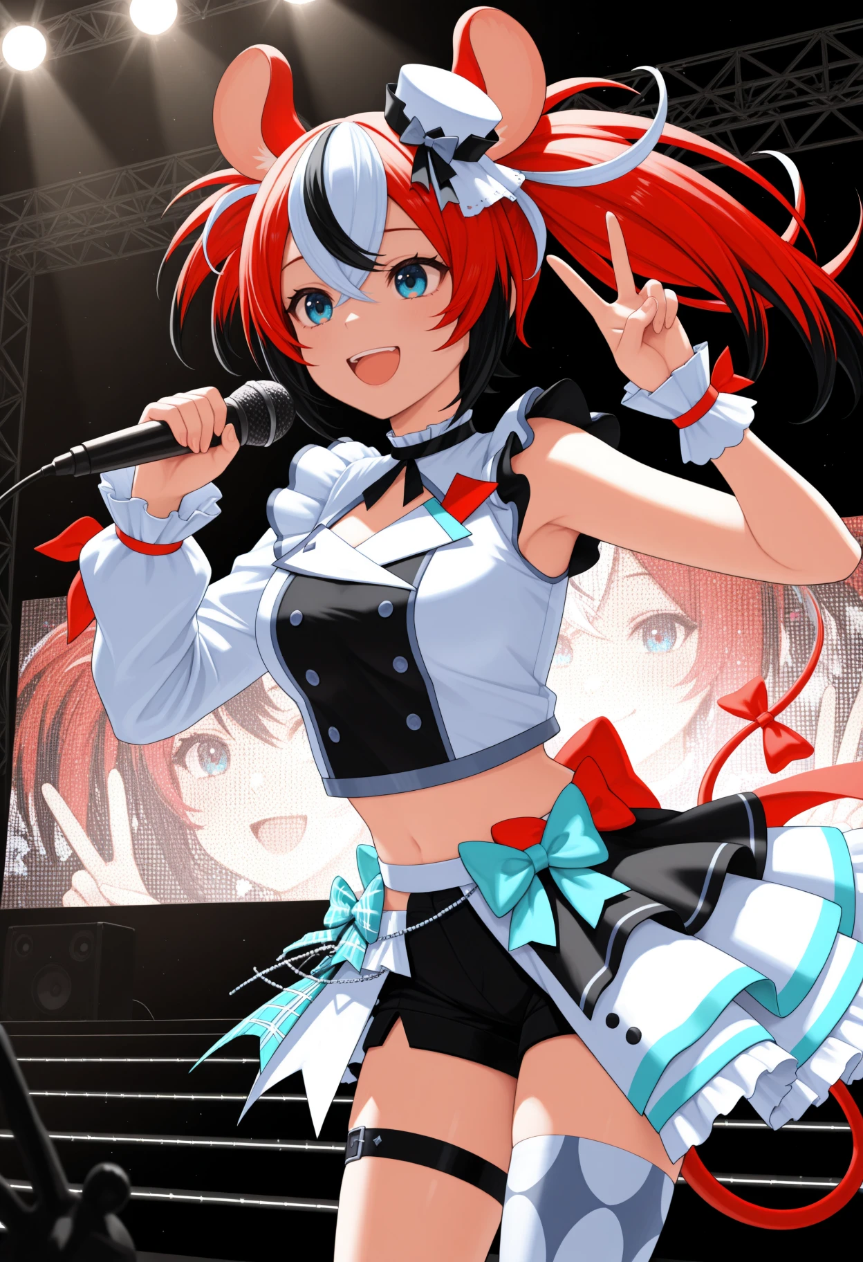 masterpiece, best quality, 1girl, solo, B4elzIdl, blue eyes, multicolored hair, red hair, white hair, black hair, uneven twintails, animal ears, white mini hat, tilted headwear, double-breasted, crop top, idol uniform, uneven sleeves, single long sleeve, wrist cuffs, white skirt, half-skirt, frills, black shorts, thigh strap, single white thighhigh, tail, tail ornament, on stage, holding microphone, smile, :d, concert, stage lights, hand up, v, peace sign, <lora:ChamHakosBaelzNoob:1>