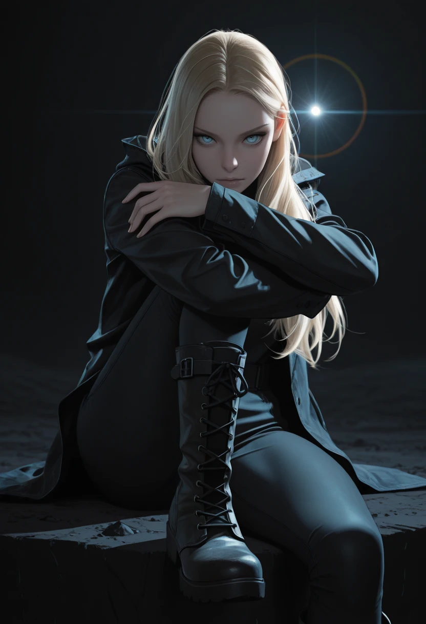 masterpiece, best quality, absurdres, highres, extremely high detail,
<lora:ILREVRose:1.0>
REVRose, 1girl, blonde hair, long hair, blue eyes, looking at viewer, chromatic_colors, discreet lens flare, sitting, dynamic pose, boots, dark theme, knee_up_hugging_leg_pose
