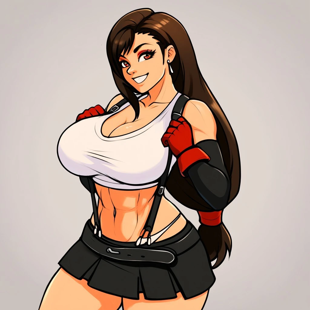 ((Best quality, 8k, Masterpiece :1.3)), pretty woman, 1girl, gigantic breasts :1.3, (firm abs, slender figure :1.1), lustful, dark red hair, (pose invited, skirt :1.1), ultra-detailed face, detailed lips, detailed eyes, double eyelid, masterpiece, 8k, midriff exposed, blue skirt, white top, ((cleavage)), detailed background