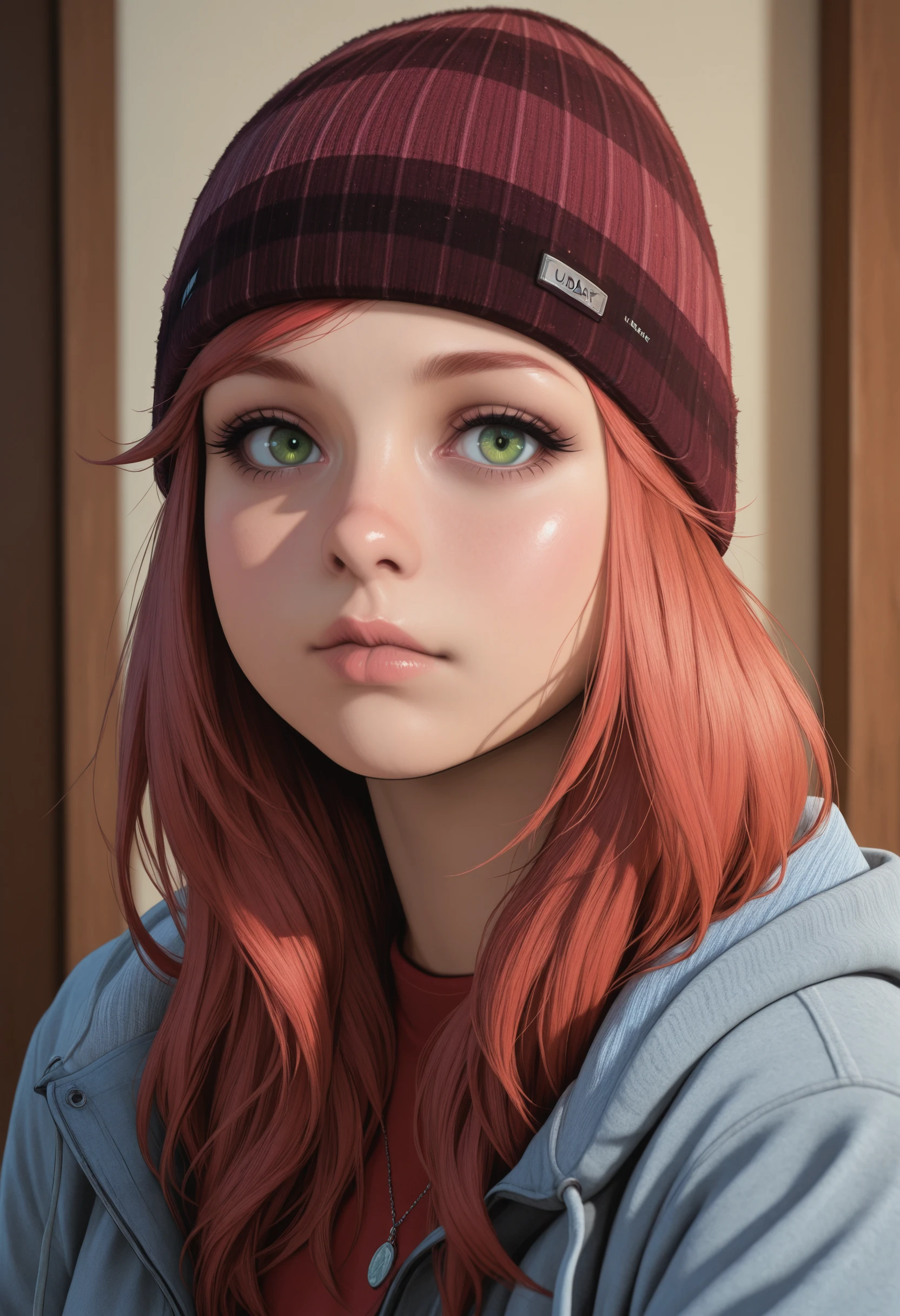 masterpiece, very aesthetic, best quality, absurdres, newest,
<lora:ILUDAshley:1.0>
UDAshley, 1girl, closed mouth, red hair, green eyes, long hair, beanie, looking at viewer, portrait