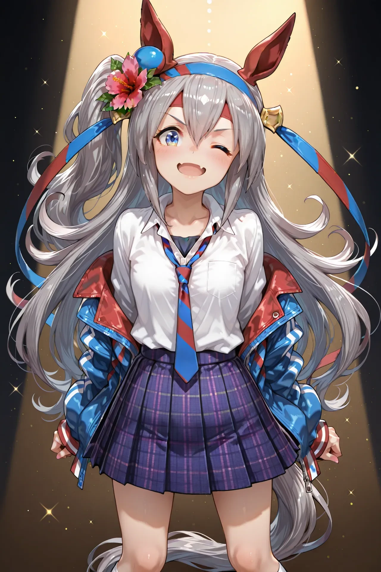 1girl,solo,
tamamo cross \(umamusume\),
purple eyes,white hair,horse ears,grey hair,multicolored hair,very long hair,horse girl,long hair,horse tail,hair between eyes,bangs,animal ears,blue eyes,skin fang,fangs,fang,
hair flower,hair ornament,red flower,flower,sailor collar,school uniform,collarbone,necktie,striped necktie,shirt,white shirt,jacket,blue jacket,skirt,plaid,plaid skirt,pleated skirt,white legwear,socks,<lora:Gal_Tamamo_Cross>,standing,
cowboy shot, spotlight, pose,smile,one eye closed, open mouth,