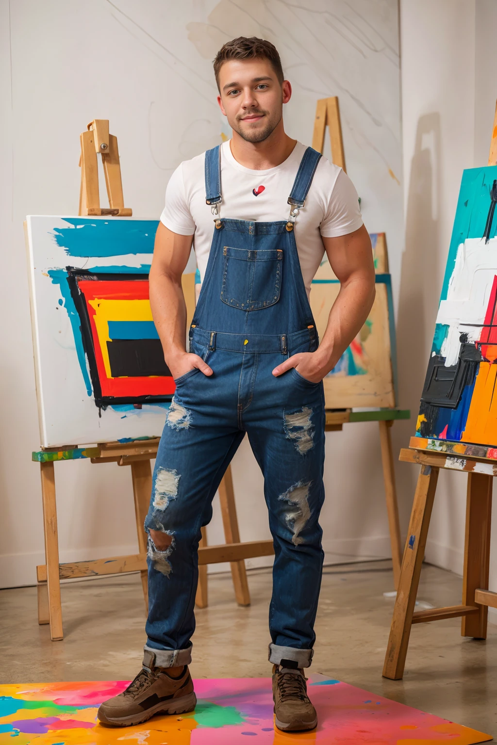 JustinTheJock, scruff, artist studio, paint stained overalls, abstract art on canvas easel, (((full body portrait))), wide angle <lora:JustinTheJock:0.8>