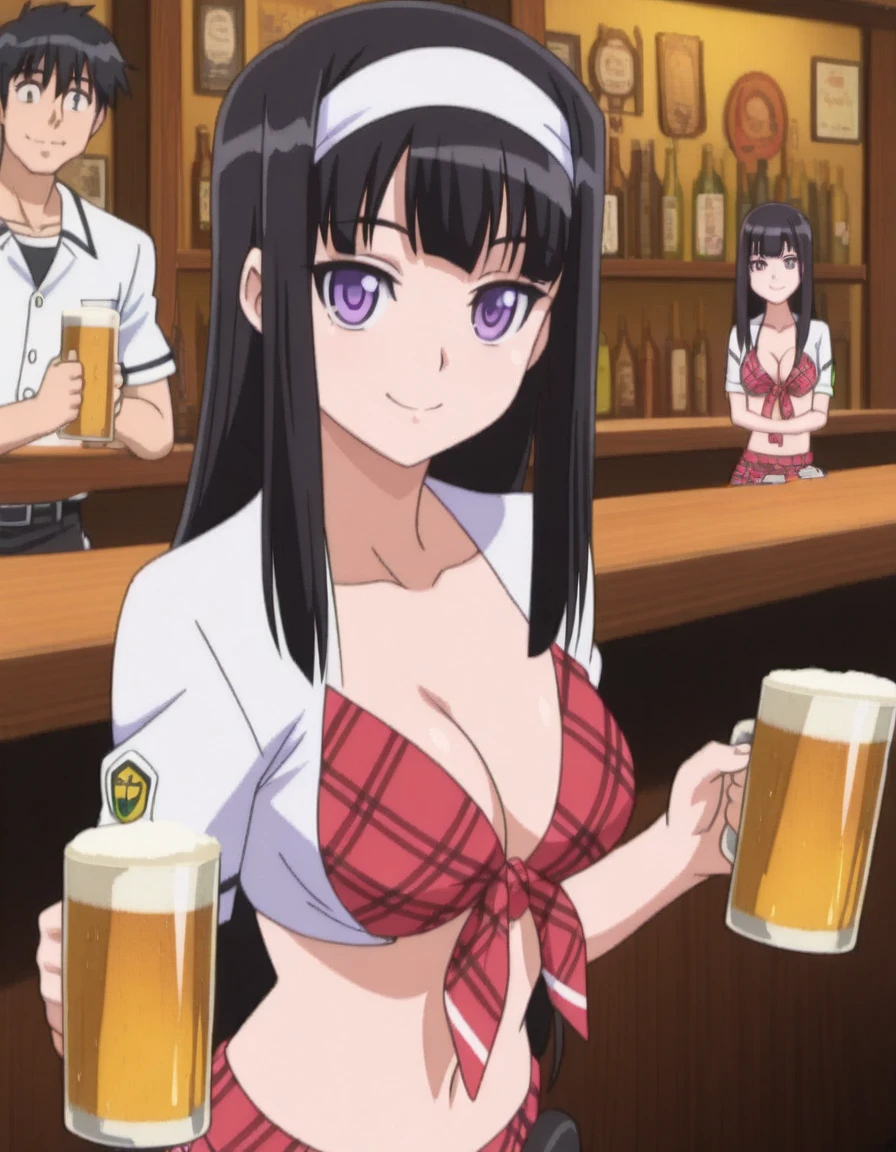 masterpiece, best quality, amazing quality,, <lora:midori-byakudan-ova-illustriousxl-lora-nochekaiser:1>, midori byakudan, long hair, black hair, purple eyes, mature female, medium breasts, anime screencap, <lora:tilted-kilt-waistress-uniform-illustriousxl-lora-nochekaiser:1>, tilted kilt waistress uniform, midriff, skirt, cleavage, front-tie top, plaid, bar, smile, beer, holding beer, cowboy shot, looking at viewer,