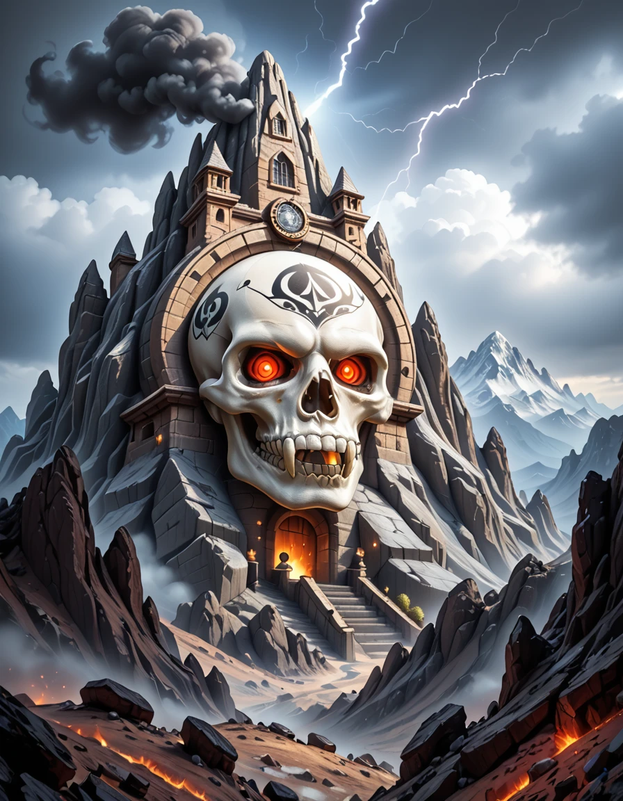 A dramatic, photorealistic view of Snake Mountain, the dark fortress of Skeletor, rising ominously from a barren, jagged landscape under a storm-filled sky. The mountain is twisted and grotesque, with serpent-like architecture coiling around its spires, and a massive demonic skull carved into the rock face serving as its entrance. Glowing red eyes peer from the skull's sockets, and dark smoke billows from vents in the stone. Thunder cracks in the distance, casting sharp flashes of light across the obsidian peaks and shadowed valleys below. The entire scene radiates menace, power, and ancient dark magic.Snake M0unt41n, <lora:Snake_M0unt41n-p:1>,score_9, score_8_up, score_7_up,amazing quality, ultra realistic, 3D, HD, best quality, amazing quality, very aesthetic, absurdres