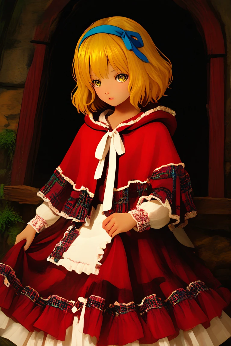 cabin_in_the_woods, mist, moss, abandoned_building, dramatic_lighting, fantasy_art, vignette
,1girl,<lora:Red_hood_layered_dress:1>,,Red_hood_layered_dress,dress,red dress,long sleeves,frills,frilled dress,hood,red hood,capelet,red capelet,layered dress,, masterpiece, best quality, amazing quality, newest, <lora:Alice98.ver2.IL:1>,alice98def,short hair,blonde hair,blue hairband,hair ribbon,yellow eyes,, <lora:748cmSDXL:1>,748cmstyle