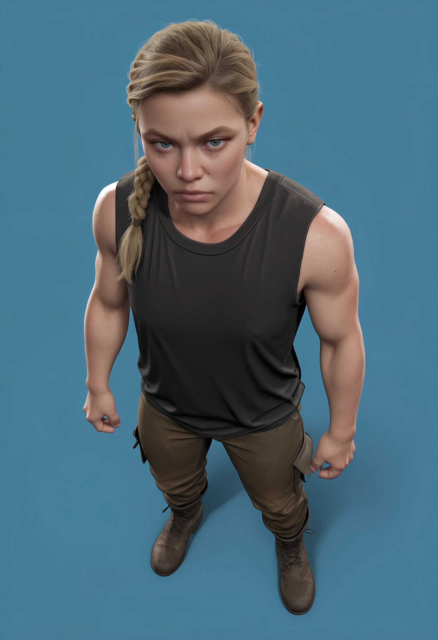 masterpiece, best quality, amazing quality, very aesthetic, absurdres, newest, <lora:AbbyAndersonILf:1> 4bbilf, 1girl, blonde hair, single braid, blue eyes, tank top, pants, boots, full body, standing, from above, looking at viewer,
light blue background, simple background,