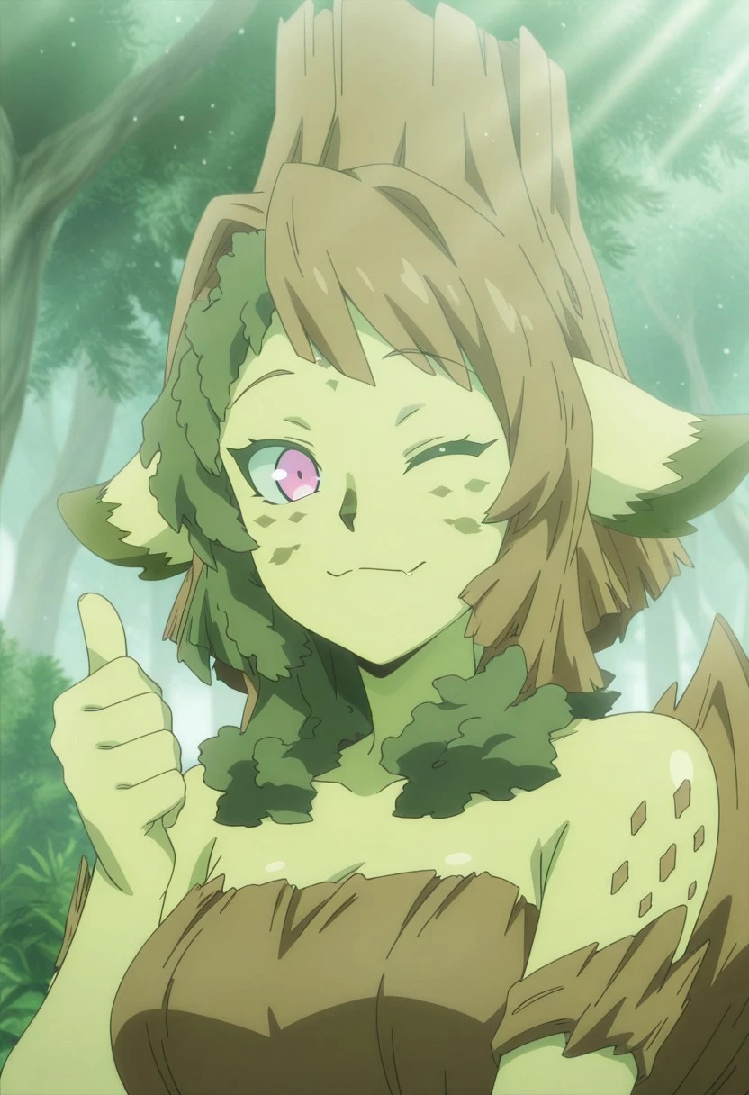 masterpiece,best quality,amazing quality,good quality,absurdres,(yggdrajill_radiant_r1:1.0),anime screencap,solo,1girl,yggdrajill,monster girl, plant girl,green skin, green hair, animal ears,pink eyes,breasts,tail,facial mark,one eye closed,closed mouth,thumbs up,looking at viewer,upper body portrait,outdoors,day,sunlight,light particles
