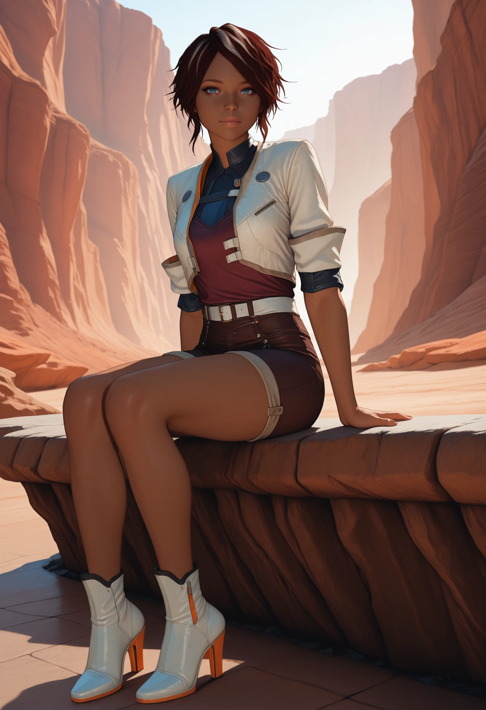 masterpiece, very aesthetic, best quality, absurdres, newest,
<lora:ILRMNilin:1.0>
RMNilin, 1girl, brown hair, white streaks, dark skin, blue eyes, looking at viewer, sitting on a ledge, canyon background, adventurous outfit, warm dramatic lighting, sitting_on_heels