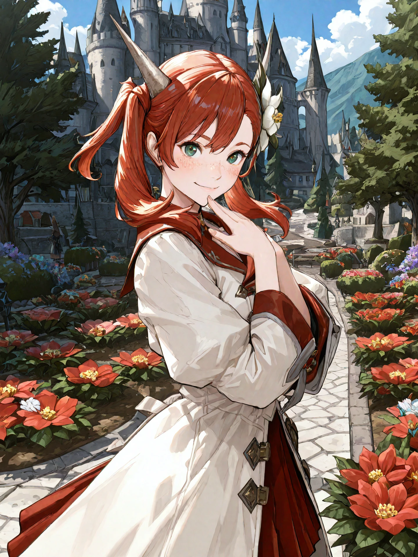 <lora:Raya-O-Senna_0R:0.7>, rayaosenna, <lora:CC_Aesthetic_Masterpiece_1:1>
<lora:ST_Seto_Yuuki_0R:0.9>, setoyuuki
green eyes, red hair, twintails, horns, hair flower, freckles
white dress, long coat, red skirt
masterpiece, best quality, amazing quality, very aesthetic, absurdres, highres, detailed background, anime style
1girl, (detailed eyes:1.2), (detailed face:1.2), detailed skin
facing viewer, looking at viewer, dynamic pose, blush, smile
(outdoors, fantasy, town, castle, tree, bush, flower bed)