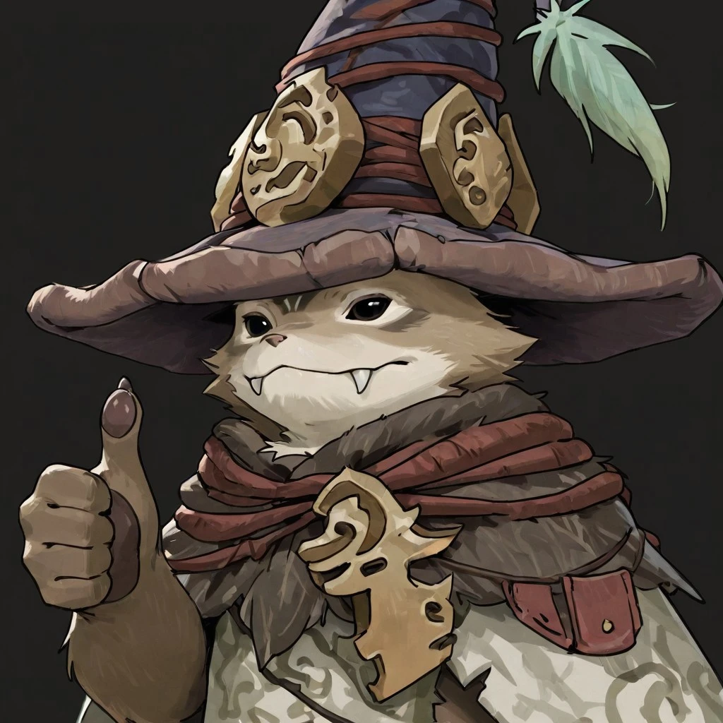 masterpiece, very detailed, very aesthetic, best quality, 8k, newest, upper body,  Wudwud, furry, fangs, Rove, wizard hat, cape, thumbs up, simple background, expressionless,