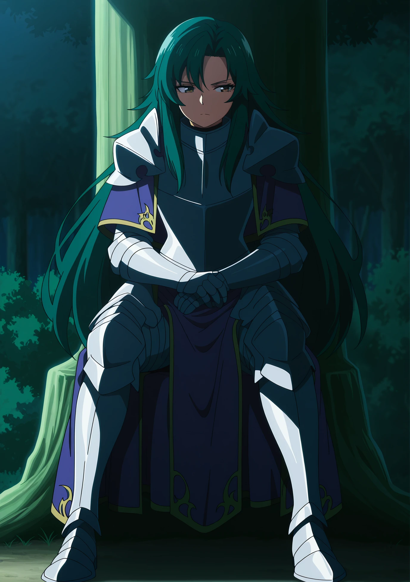 volumetric lighting, official style, amazing quality, ultra detailed, highres, detailed background,anime coloring, (anime screencap) masterpiece, detailed face,1girl <lora:Rose__:0.9>Rose, long hair, solo, sitting, green hair, armor, armored boots, gauntlets, boots, very long hair, brown eyes, tree, breastplate, closed mouth, full body