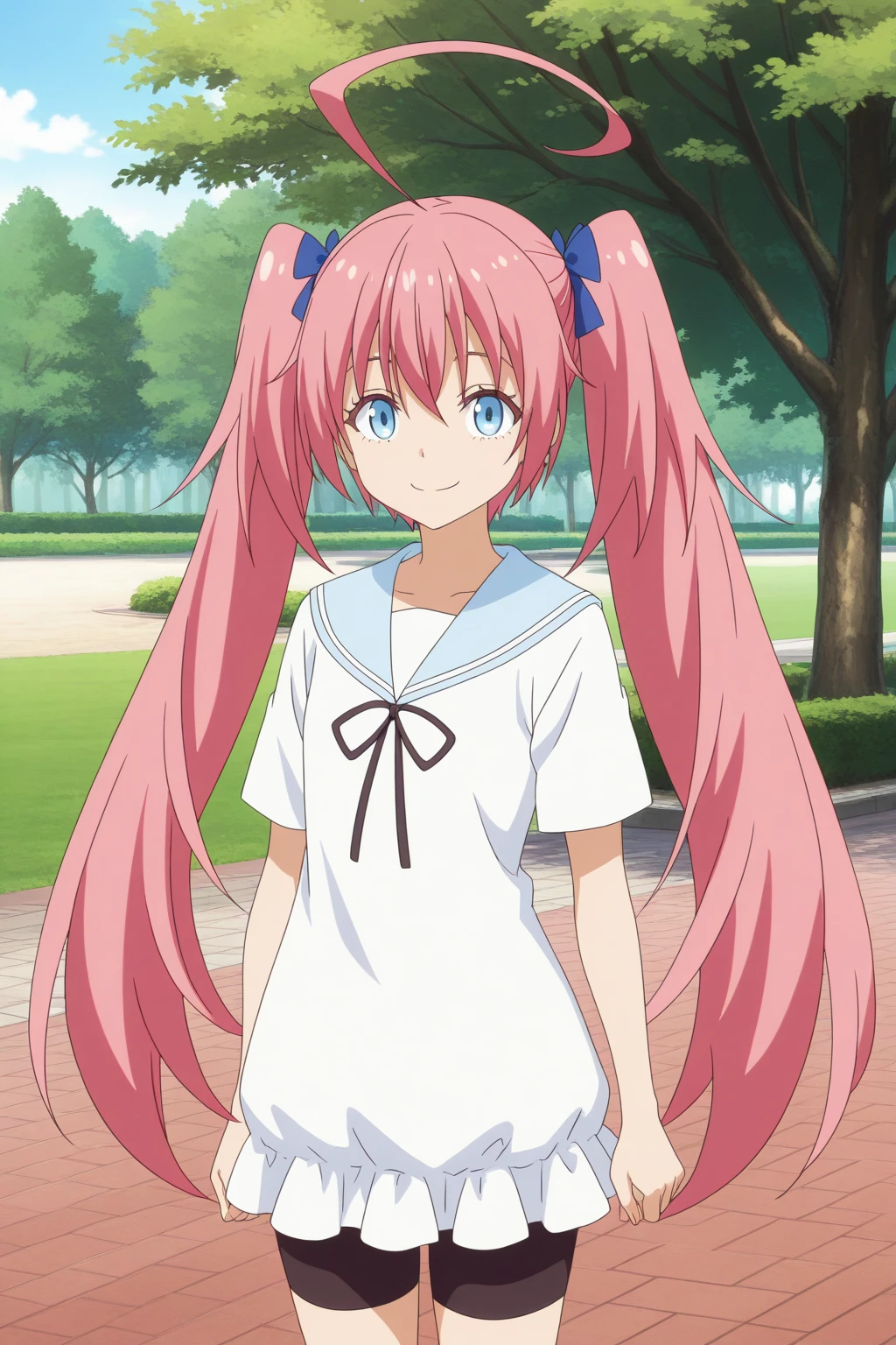 very awa, detailed eyes, shining eyes, masterpiece, best quality, ultra-detailed, (8k), (hdr), absurdres, looking at viewer, solo, 1girl, girl, outdoors, park, daylight, smile, aamilim, blue eyes, pink hair, twintails, huge ahoge, casual1, blue hair ribbon, black neck ribbon, white dress, blue sailor collar, short sleeves, bike shorts, shorts under dress, anime coloring, ((standing, cowboy shot))