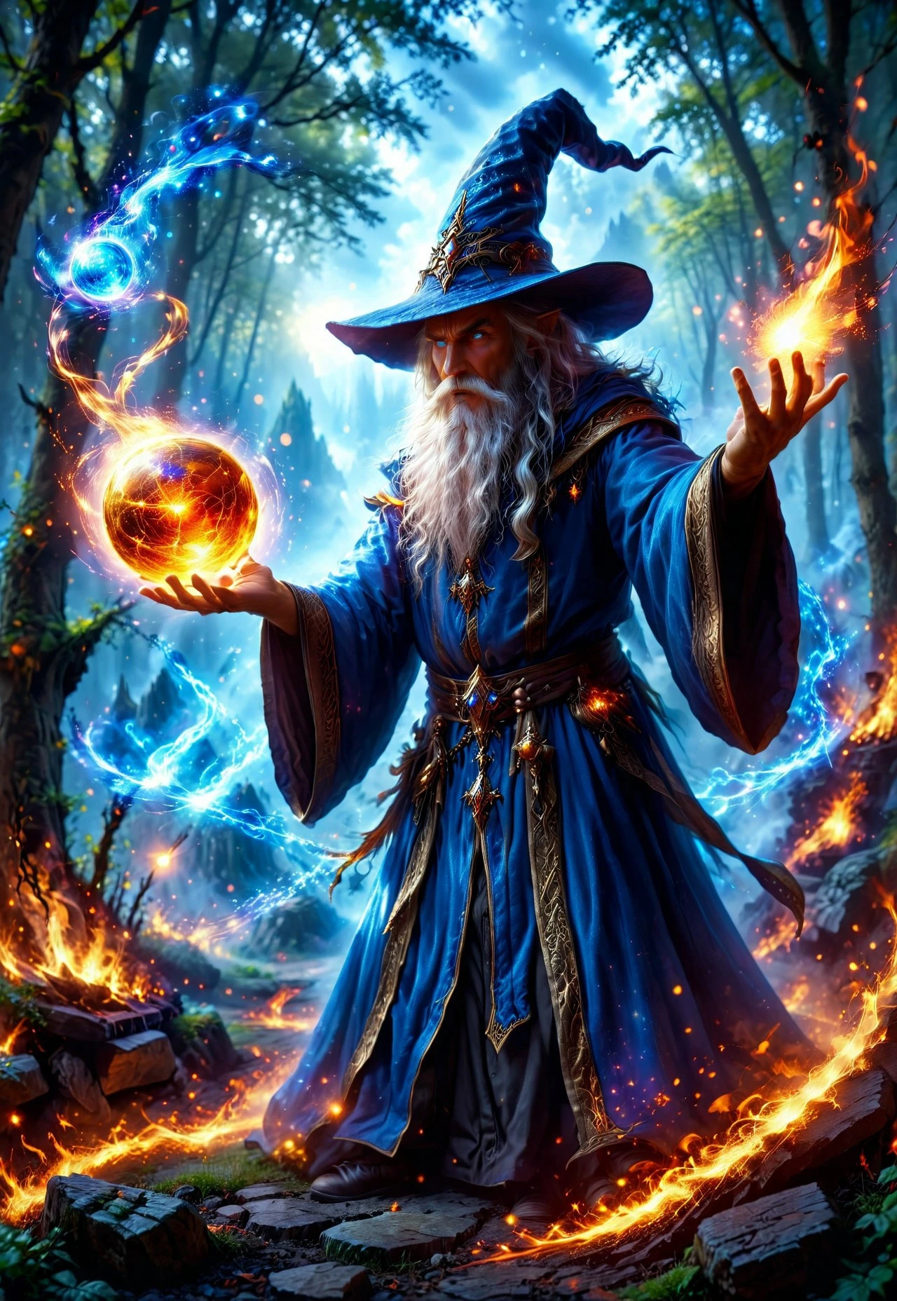 A powerful wizard, wearing a magical hat, casting a fire orb blast from his hand. The spell is flying away from him hand as he sends the magical spell orb hurdling through the air. epic scenery