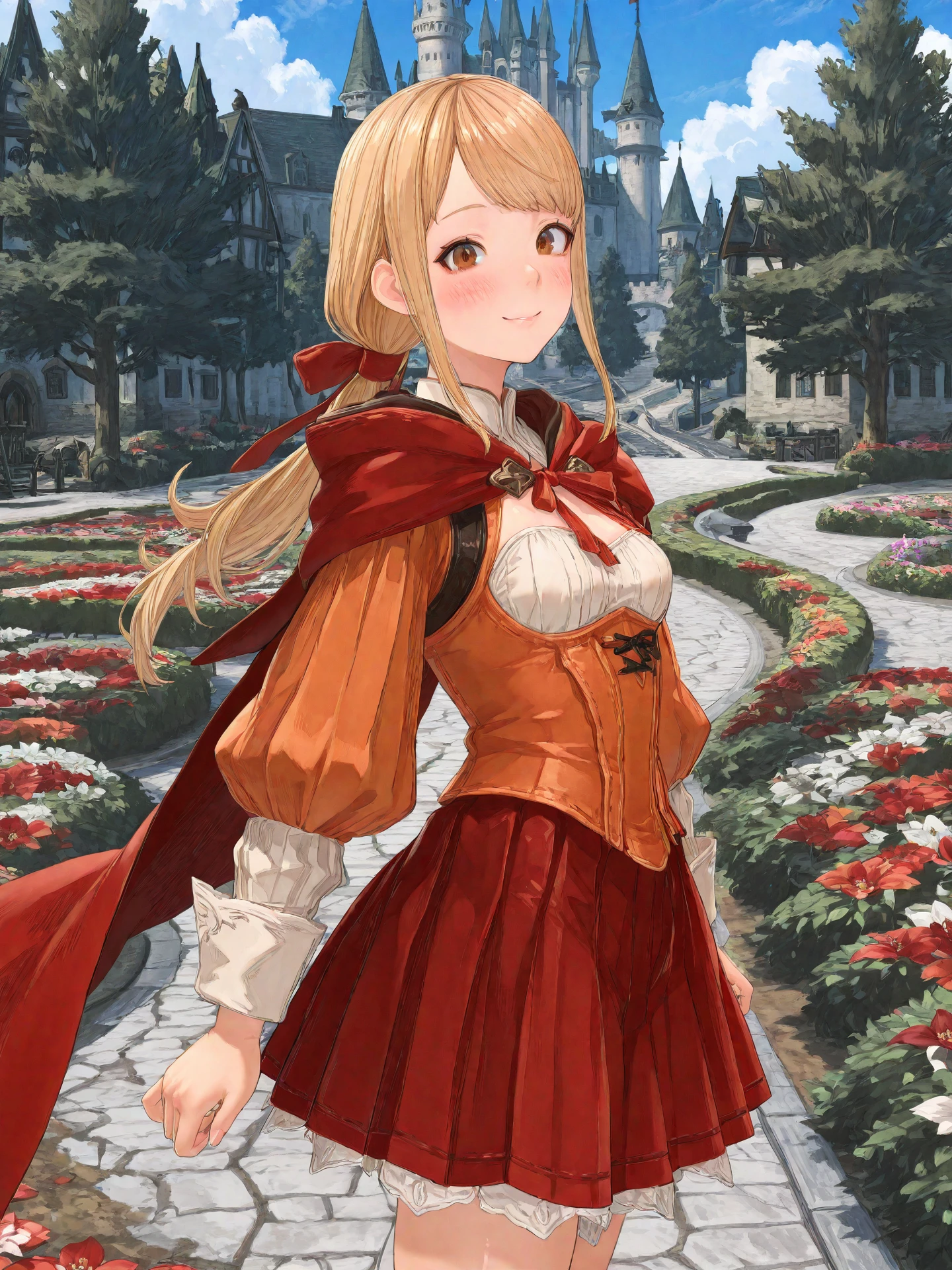 <lora:Alma_Beoulve_FFXIV_0R:0.5>, alma_ffxiv, <lora:CC_Aesthetic_Masterpiece_1:1>
<lora:ST_Tsuttsu_0R:0.9>, tsuttsu
brown eyes, blonde hair, long hair, low ponytail, swept bangs, hair ribbon, red ribbon, small breasts
orange dress, red cape, long sleeves, red skirt
masterpiece, best quality, amazing quality, very aesthetic, absurdres, highres, detailed background, anime style
1girl, (detailed eyes:1.2), (detailed face:1.2), detailed skin
facing viewer, looking at viewer, dynamic pose, blush, smile
(outdoors, fantasy, town, castle, tree, bush, flower bed)