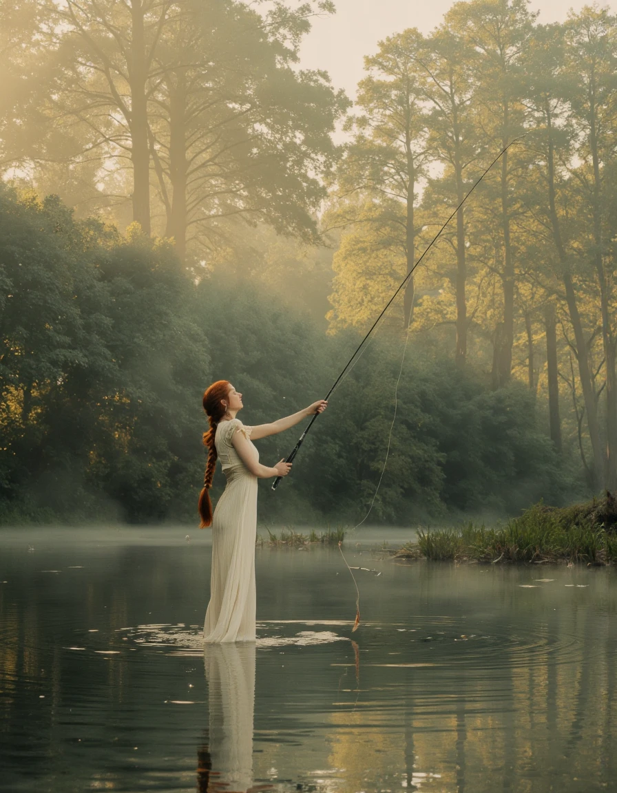 Art by Brooke Shaden. A photo-realistic shoot from a profile camera angle about a woman casting her line into a misty lake, wearing a white dress, standing in the middle of the image, holding a fishing rod in her right hand. the woman, who appears to be in her early twenties, has long, braided red hair and is facing away from the camera, with her eyes closed and a serene expression on her face. she is standing in shallow water, with a golden fish swimming near her feet. the background is a dense, misty forest with tall trees, casting a warm, golden light over the scene. the image has a dreamy, ethereal quality to it, with the woman's white dress and the golden fish adding to the serene atmosphere. the lighting is soft and diffused, creating a sense of calmness and tranquility.