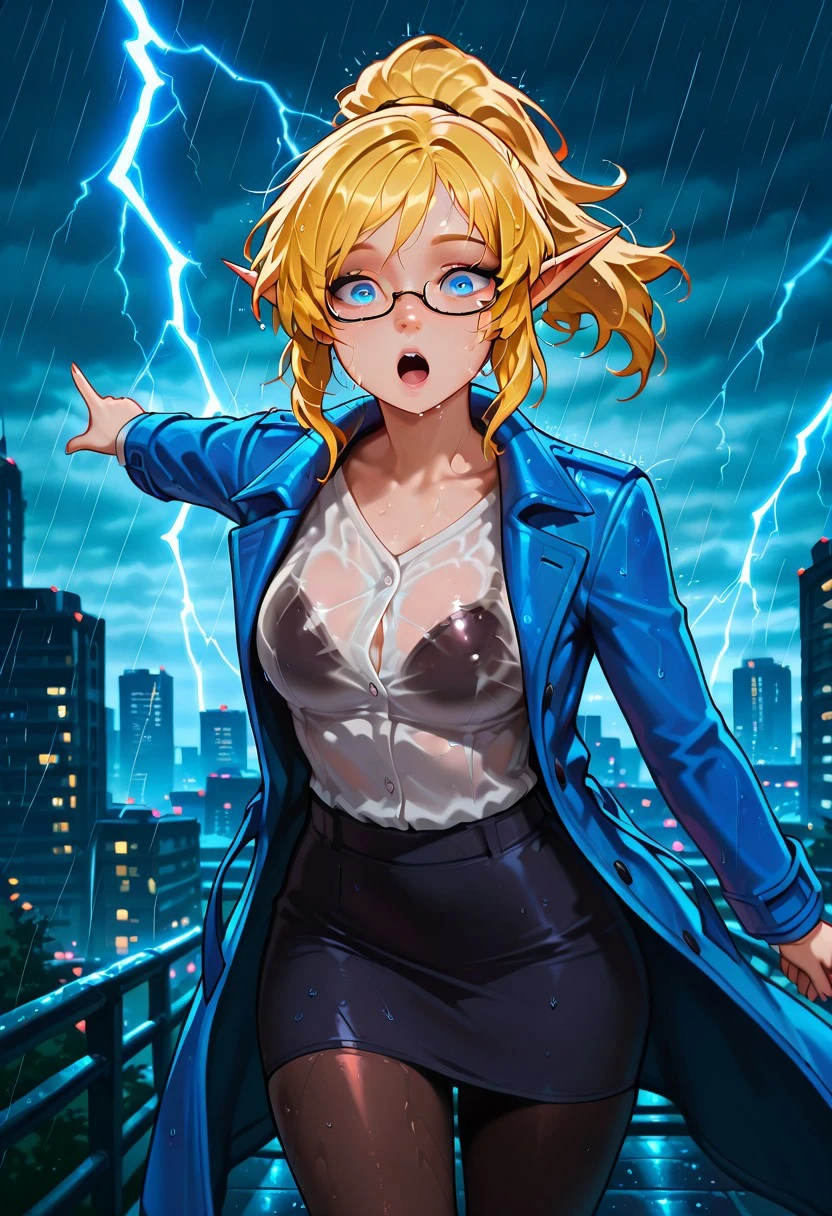 masterpiece, best quality, amazing quality, JannaLoL, blonde hair, blue eyes, pointy ears, ForecastJanna, blue coat, white buttoned shirt, pencil skirt, glasses, pantyhose, ponytail, 1girl, solo, looking at viewer, 1girl, solo, outdoors, raining, lightning, wet hair, wet clothes, cowboy shot, windy, overcast sky, cityscape, open mouth, pointing, soyjack, :o,