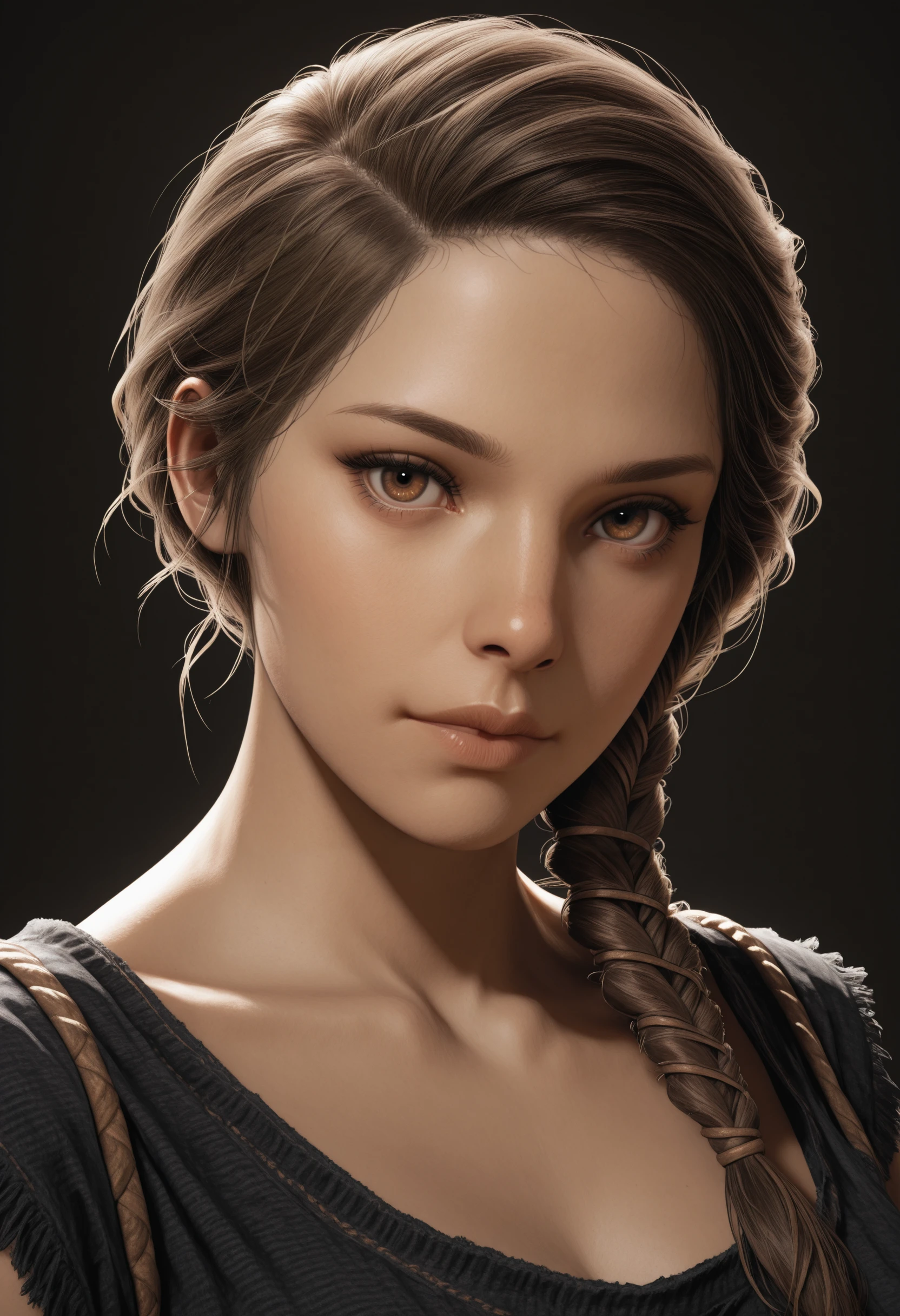 masterpiece, best quality, absurdres, highres, extremely high detail,
<lora:ILACKassandra:1.0>
ACKassandra, 1girl, brown hair, brown eyes, braid, hair over shoulder, looking at viewer, portrait