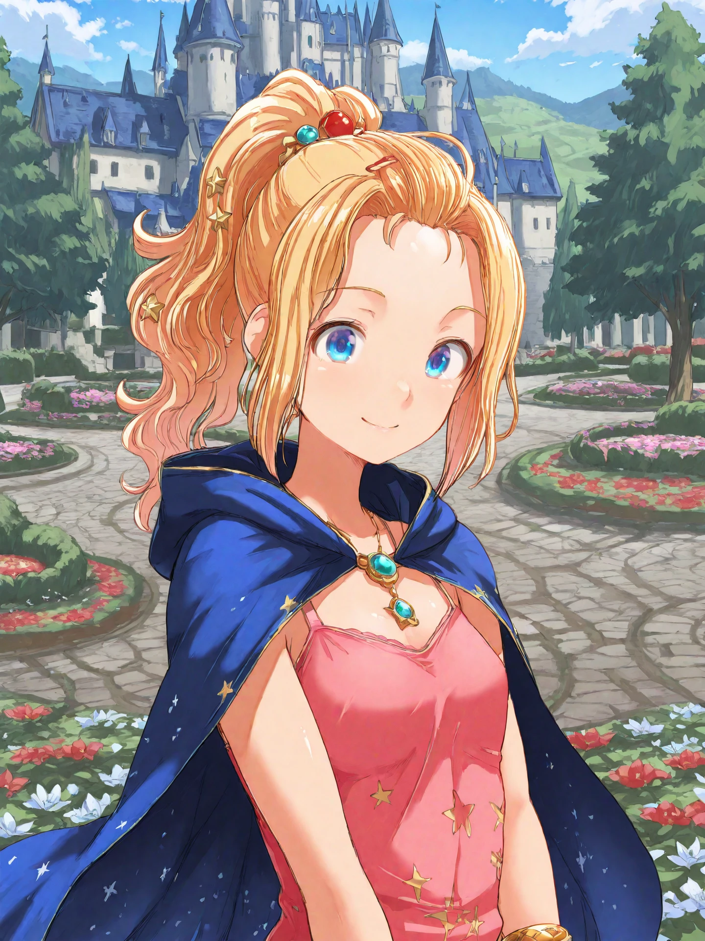 <lora:Kururu_Maia_Baldesion_0R:0.7>, kururuffv, <lora:CC_Aesthetic_Masterpiece_1:1>
<lora:ST_Tsuttsu_0R:0.9>, tsuttsu
kururuffv, blonde hair, long hair, wavy hair, ponytail, blue eyes, hair ornament, jewelry, pendant, small breasts
pink tank top, star print, hood down, blue cloak, bracelet
masterpiece, best quality, amazing quality, very aesthetic, absurdres, highres, detailed background, anime style
1girl, (detailed eyes:1.2), (detailed face:1.2), detailed skin
facing viewer, looking at viewer, dynamic pose, smile, (open mouth:0.6), close-up
(outdoors, fantasy, town, castle, tree, bush, flower bed)
