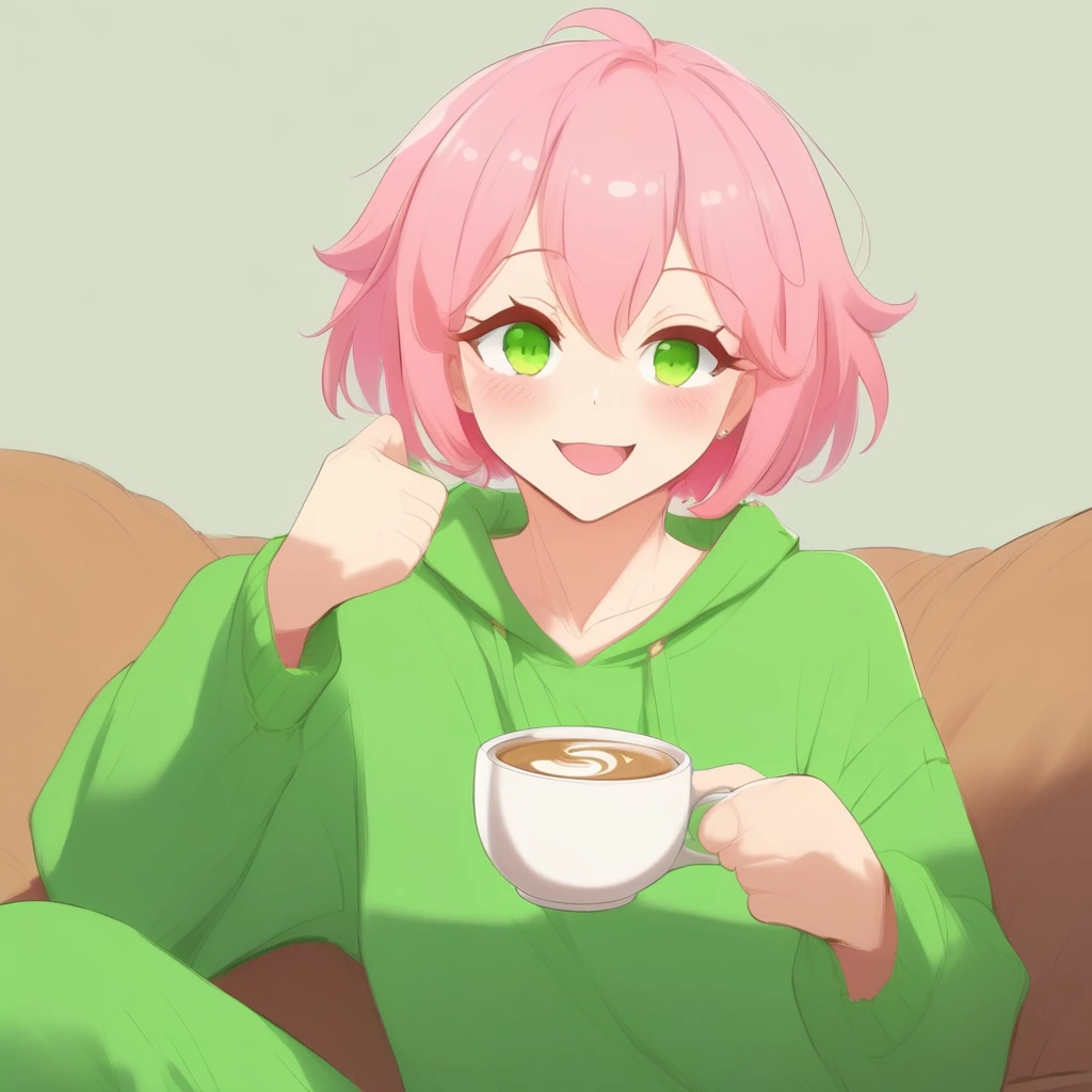 freebos_smoothiestyle, score_7_and_up, absurdres, highquality, source_anime, masterpiece, 4kres, good hands, good eyes, 1girl, comfy, short pink hair, green pajamas, green eyes, happy smile, drinking coffee, sitting on a sofa, looking at viewer, winking, waving