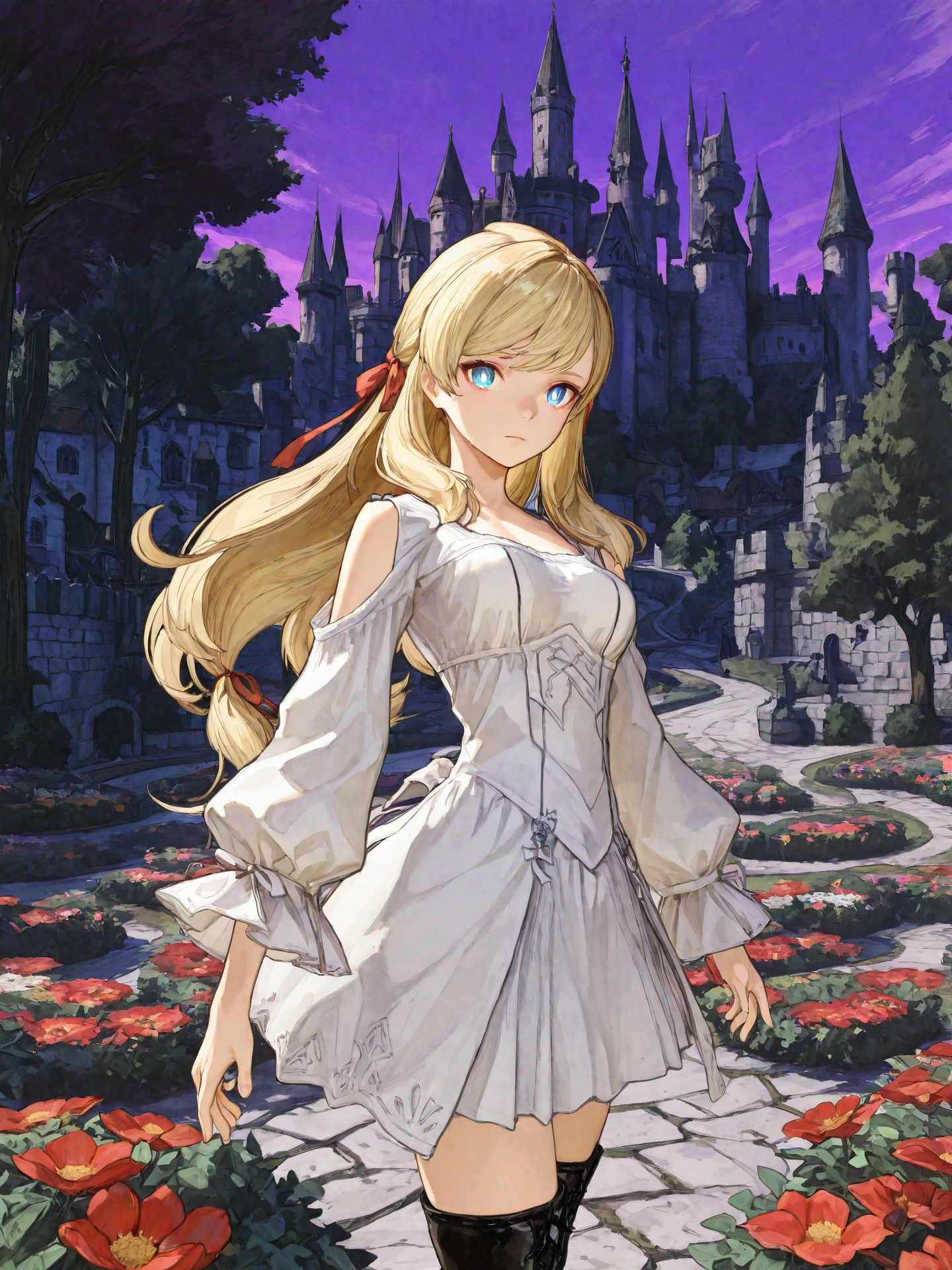 <lora:Minfilia_0R:0.7>, minfiliaffxiv, <lora:CC_Aesthetic_Masterpiece_1:1>
<lora:ST_Hidari_Atelier_0R:0.9>, hirdariatelier
blue eyes, bright pupils, glowing eyes, blonde hair, long hair, swept bangs, sidelocks, hair ribbon, red ribbon, medium breasts
white dress, shoulder cutout, long sleeves, white skirt, black thigh boots
masterpiece, best quality, amazing quality, very aesthetic, absurdres, highres, detailed background, anime style
1girl, (detailed eyes:1.2), (detailed face:1.2), detailed skin
facing viewer, looking at viewer, dynamic pose, expressionless
(outdoors, fantasy, town, castle, tree, bush, flower bed, purple sky)