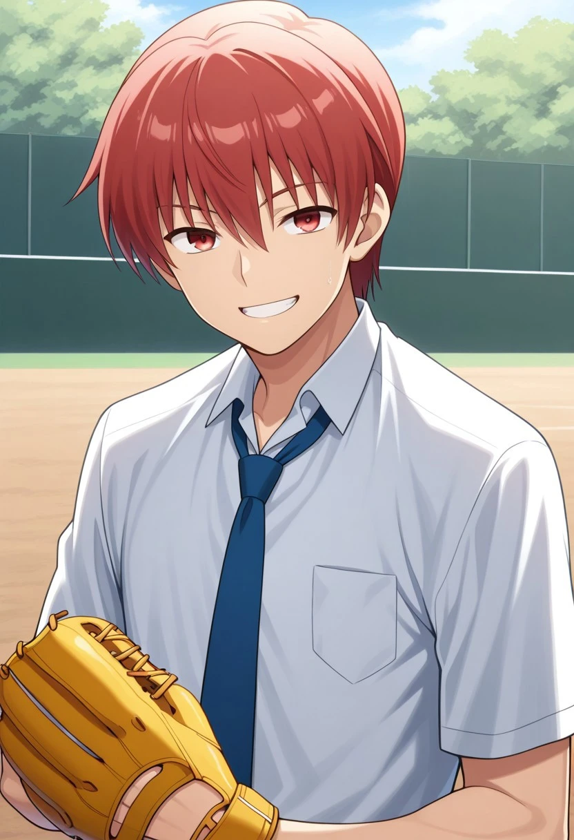 masterpiece,best quality,amazing quality, source_anime,
YuzuruOtonashi, 1boy, male focus, solo, red eyes, red hair, shirt, white shirt, collared shirt, necktie, blue necktie, outdoor, baseball mitt, grin,