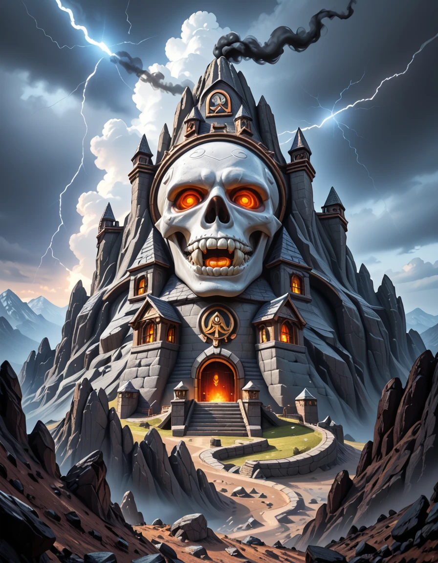 A dramatic, photorealistic view of Snake Mountain, the dark fortress of Skeletor, rising ominously from a barren, jagged landscape under a storm-filled sky. The mountain is twisted and grotesque, with serpent-like architecture coiling around its spires, and a massive demonic skull carved into the rock face serving as its entrance. Glowing red eyes peer from the skull's sockets, and dark smoke billows from vents in the stone. Thunder cracks in the distance, casting sharp flashes of light across the obsidian peaks and shadowed valleys below. The entire scene radiates menace, power, and ancient dark magic.Snake M0unt41n, <lora:Snake_M0unt41n-p:1>,score_9, score_8_up, score_7_up,amazing quality, ultra realistic, 3D, HD, best quality, amazing quality, very aesthetic, absurdres