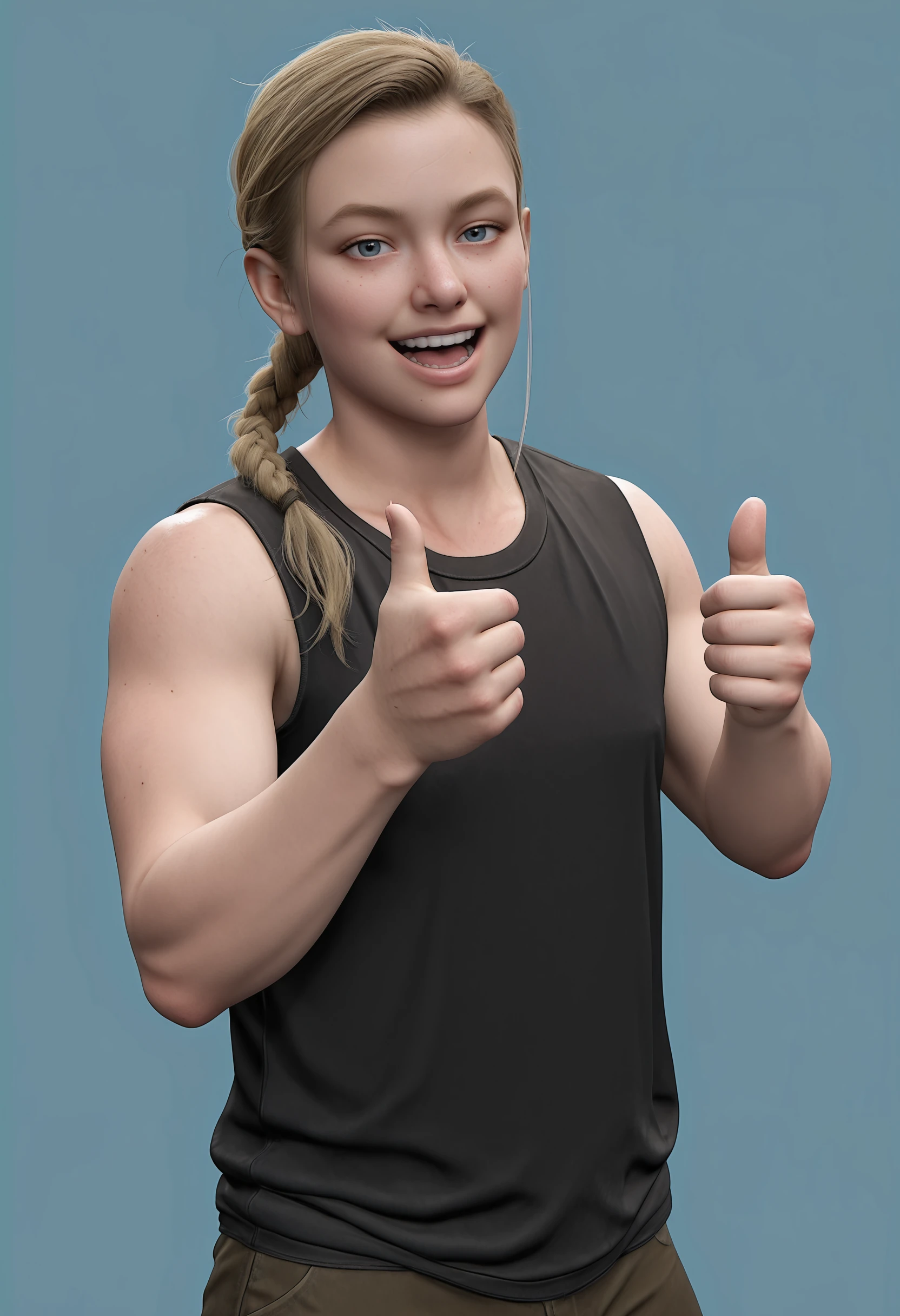 masterpiece, best quality, amazing quality, very aesthetic, absurdres, newest, <lora:AbbyAndersonILf:1> 4bbilf, 1girl,blonde hair, single braid, blue eyes, tank top, pants, upper body, standing, looking at viewer, :D, thumbs up,
light blue background, simple background,