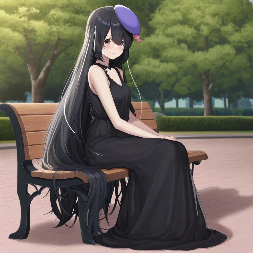 solo, high quality, absurdres, full body, ophelia_vfe, brown eyes, black hair, very long hair, purple beret, neck light, black dress, sitting, side view, attracted to viewer, blush, soft smile, outside, park, sitting on bench