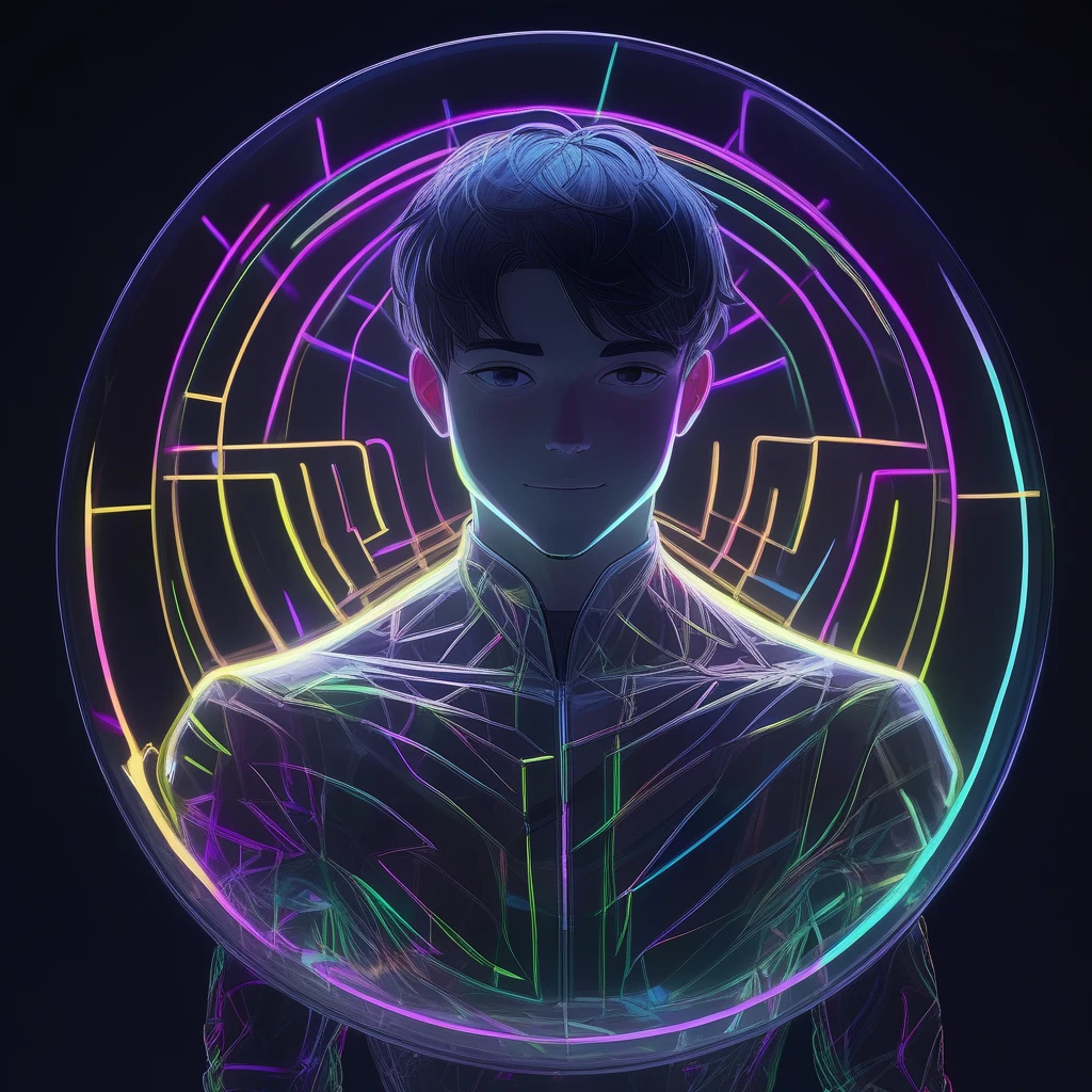 1boy, short black hair , optical illusion, ssambatea, quasarcake, Fishine, negative space, see-through_body ,made of, tiny neon glass filaments, w0gf1l, Android, star, solo, glass skin, made of glass,neon light, detailed background, hand out frame, ,masterpiece,best quality,amazing quality, freebos_smoothiestyle