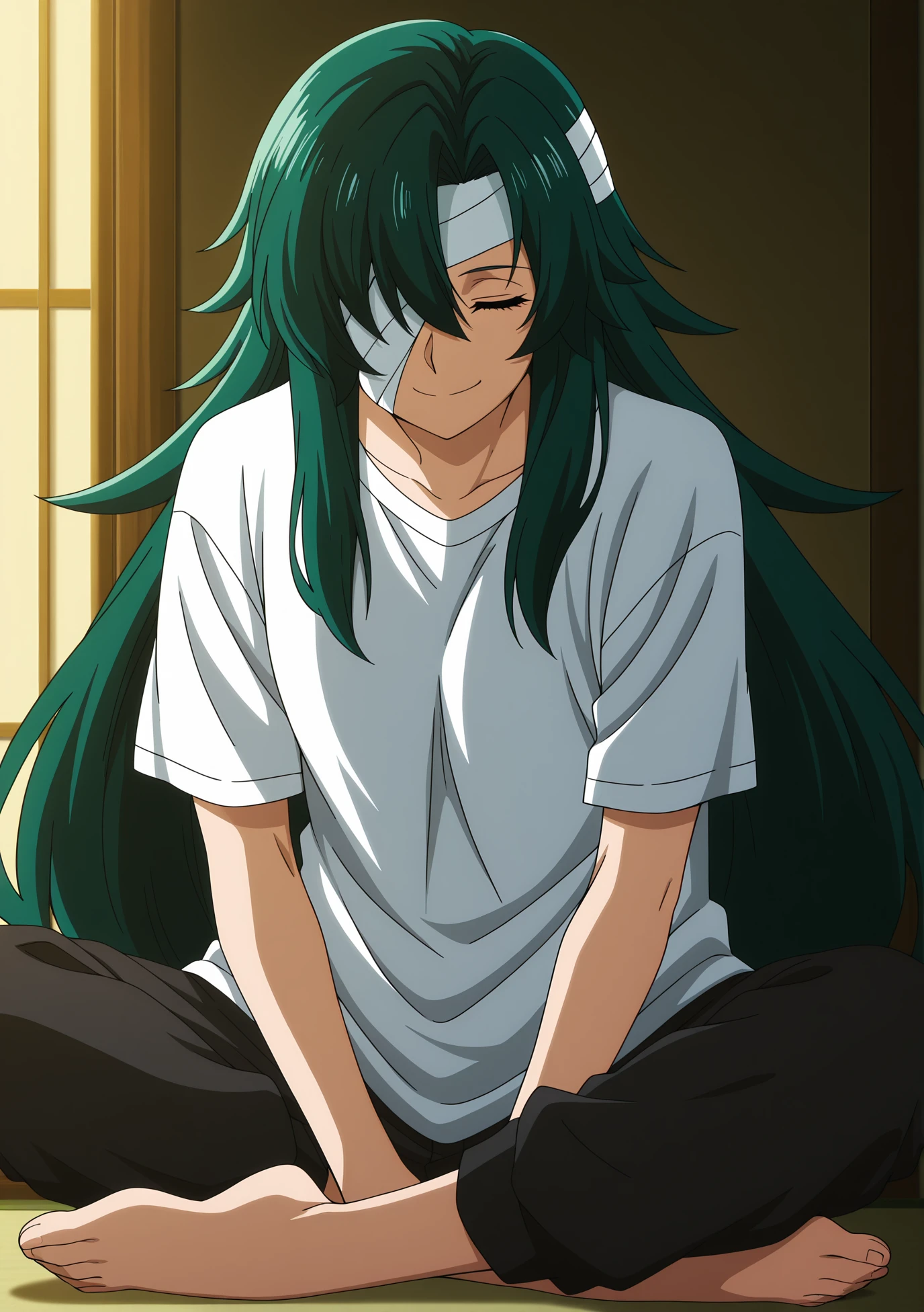volumetric lighting, official style, amazing quality, ultra detailed, highres, detailed background,anime coloring, (anime screencap) masterpiece, detailed face,1girl <lora:Rose__:0.9>Rose, long hair, solo, green hair, bandages, sitting, closed eyes, smile, indian style, pants, shirt, bandage over one eye, white shirt, black pants, bandaged head, barefoot, very long hair