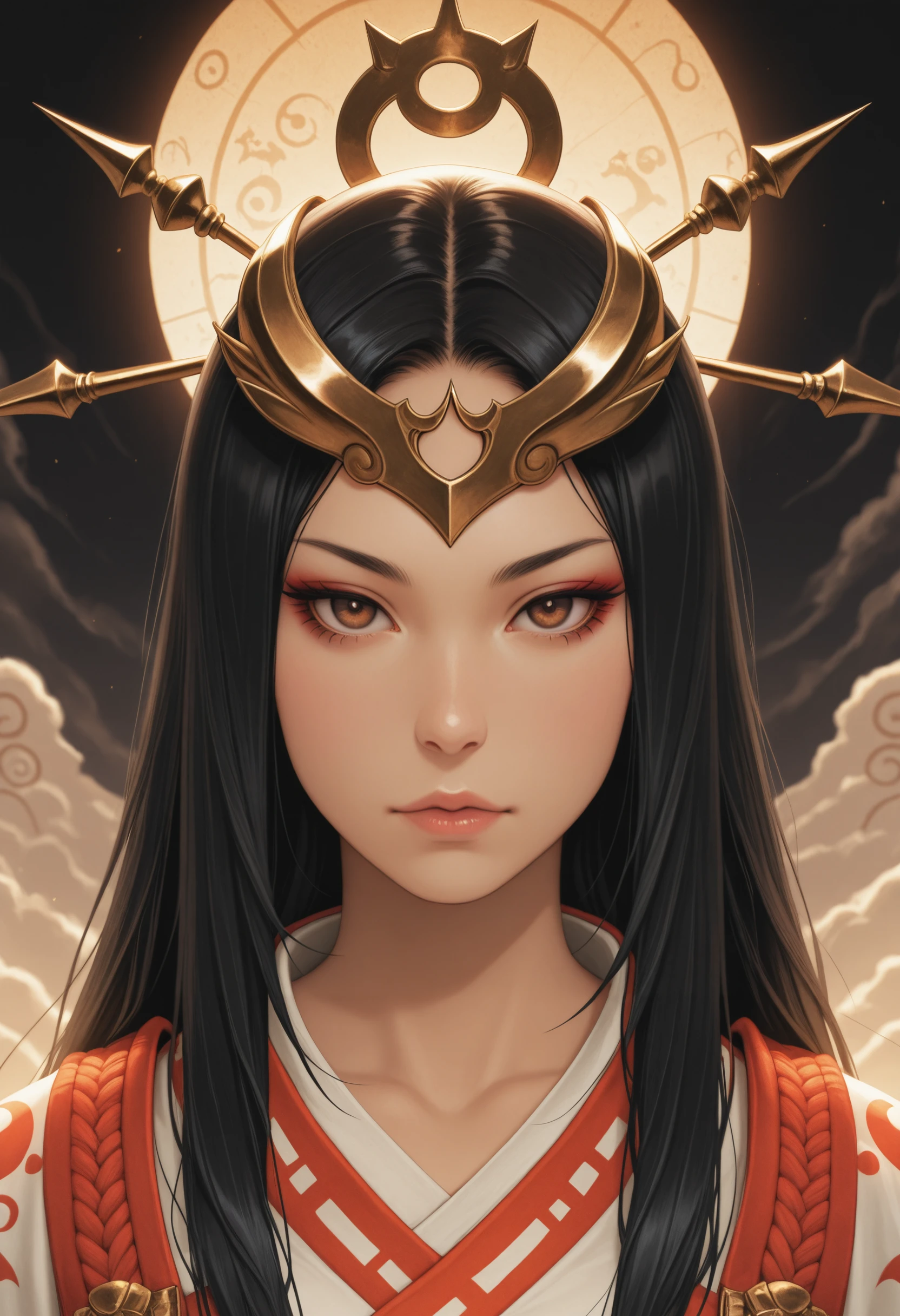 masterpiece, best quality, absurdres, highres, extremely high detail,
<lora:ILSAmaterasu:1.0>
SAmaterasu, 1girl, black hair, long hair, brown eyes, headpiece, looking at viewer, portrait